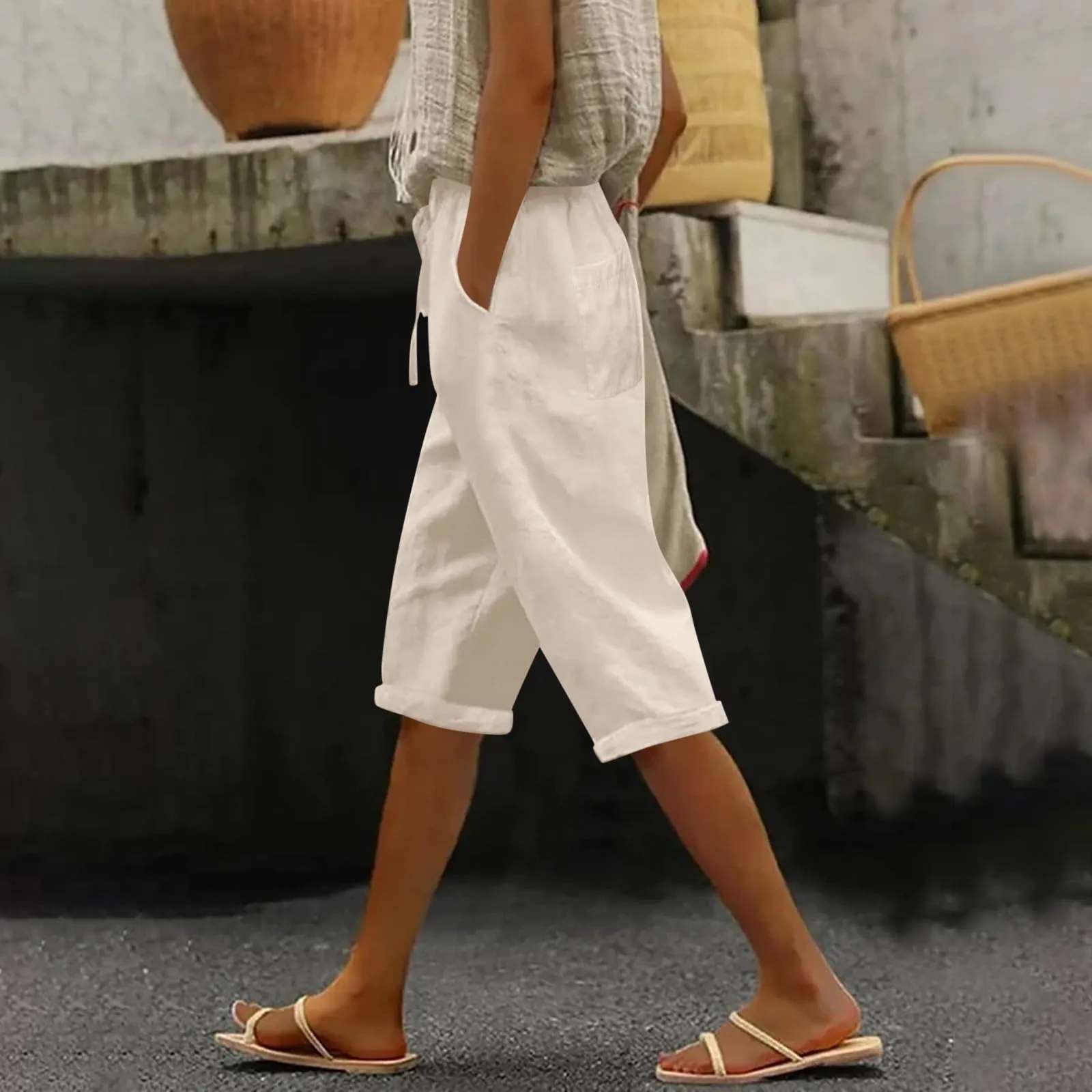 Pantaloni Pinocchietto Lino Donna Bermuda Sportivi Casual Da Donna Pinocchietti Capri Estivi Leggeri Pantaloni 3/4 Di Cotone Baggy Pantalone Al Ginocchio a Gamba Larga Pants Eleganti Traspiranti - immagine 3