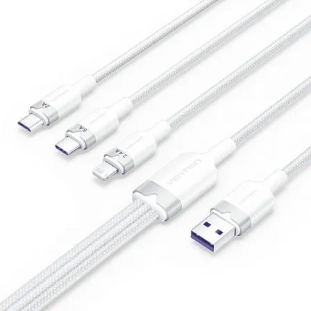Cavo USB Vention CTRWG 2.0 3 in 1 1,5 m Bianco 6A PVC Cotone Lightning USB-C MicroUSB - immagine 1