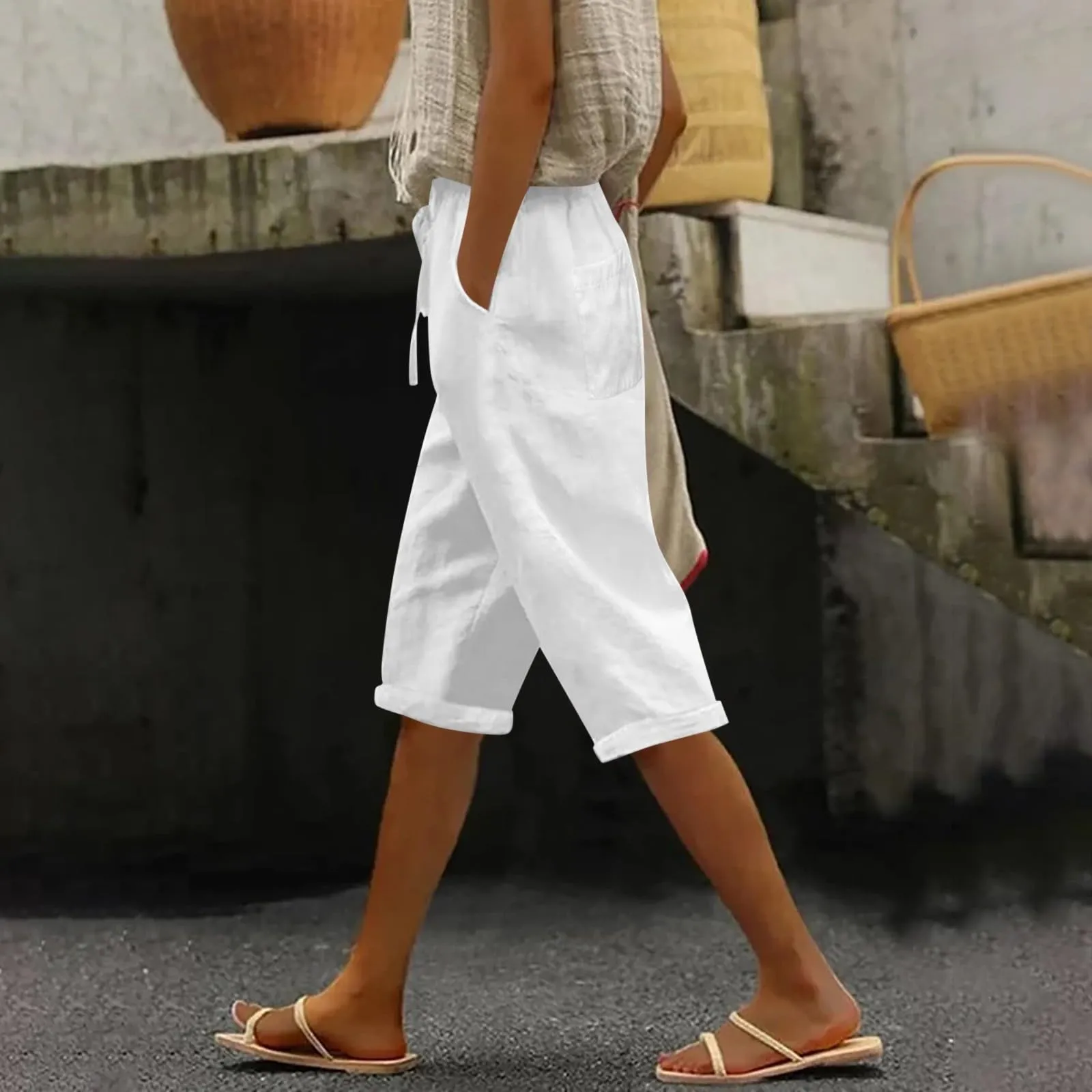 Pantaloni Pinocchietto Lino Donna Bermuda Sportivi Casual Da Donna Pinocchietti Capri Estivi Leggeri Pantaloni 3/4 Di Cotone Baggy Pantalone Al Ginocchio a Gamba Larga Pants Eleganti Traspiranti - immagine 3