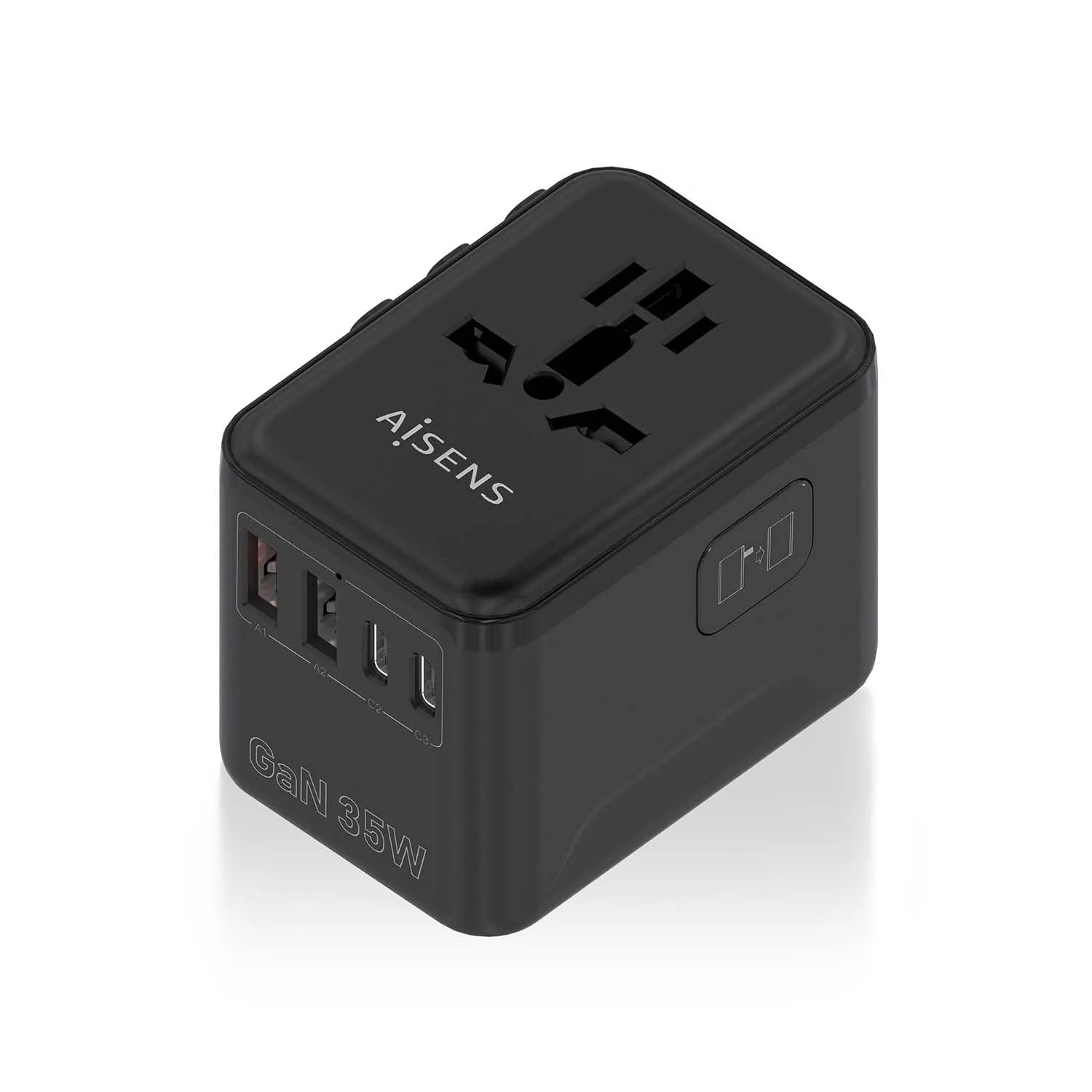 Adattatore da viaggio universale AISENS GaN 35W 2xUSB-A QC3.0 3xUSB-C PD3.0 Nero - immagine 1