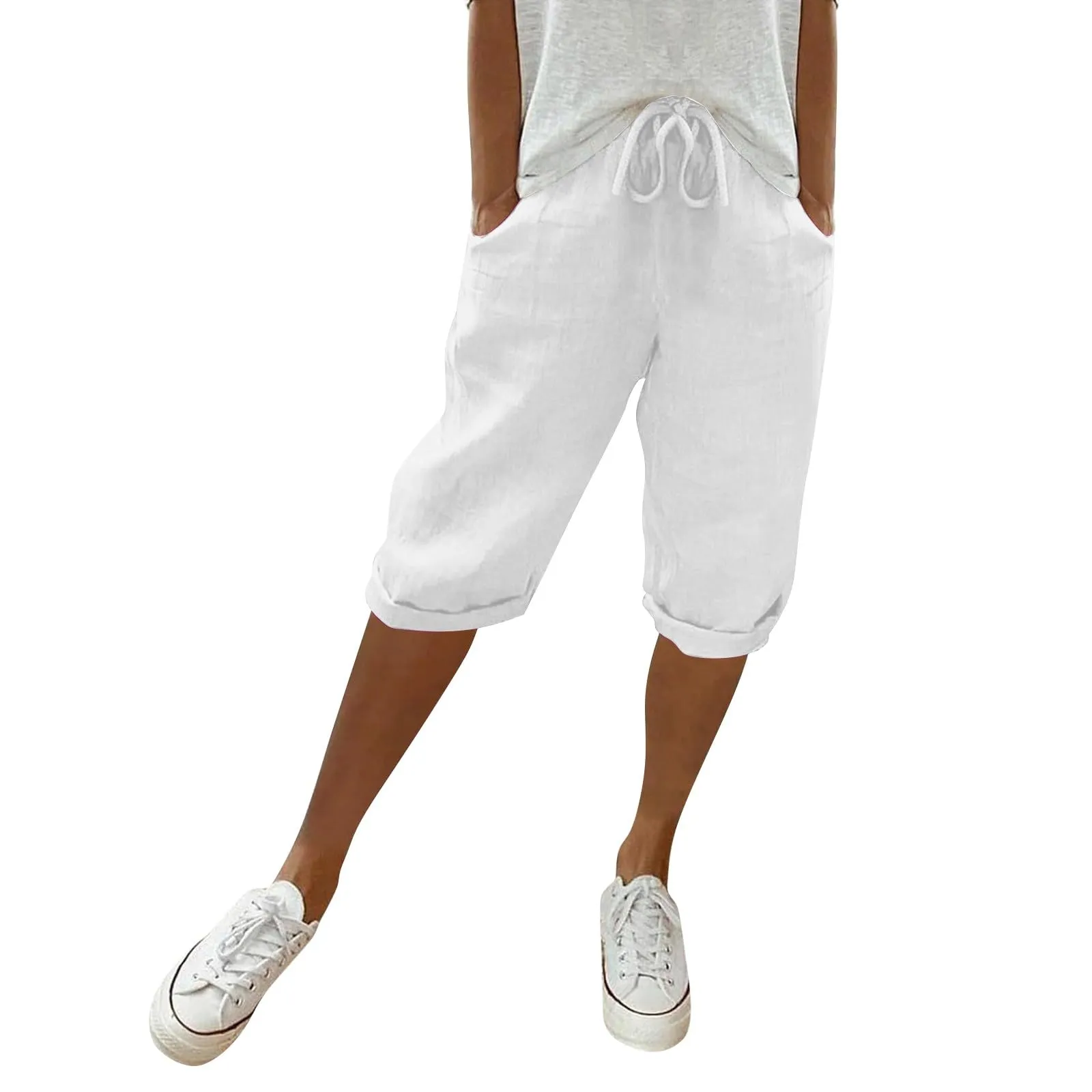 Pantaloni Pinocchietto Lino Donna Bermuda Sportivi Casual Da Donna Pinocchietti Capri Estivi Leggeri Pantaloni 3/4 Di Cotone Baggy Pantalone Al Ginocchio a Gamba Larga Pants Eleganti Traspiranti - immagine 2