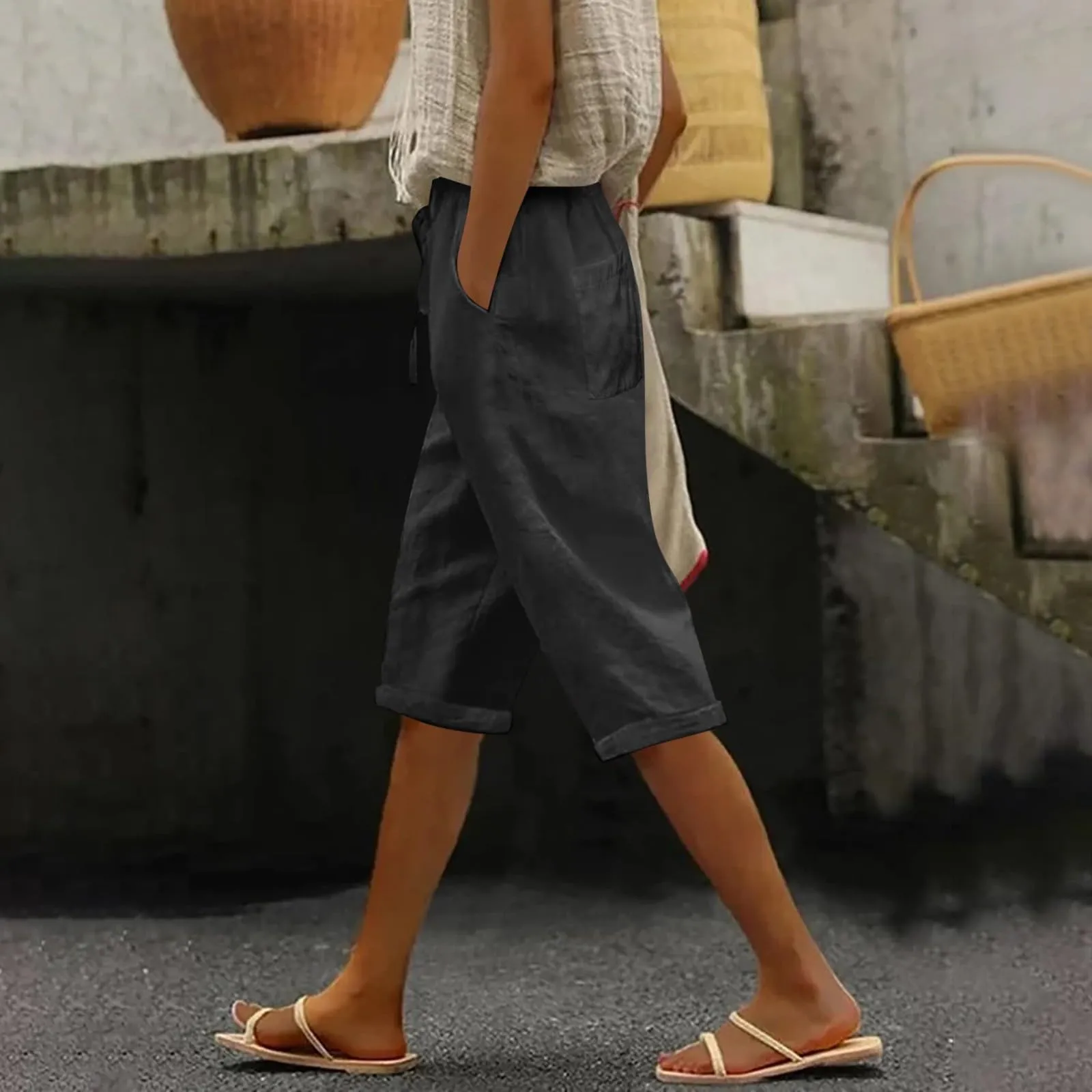 Pantaloni Pinocchietto Lino Donna Bermuda Sportivi Casual Da Donna Pinocchietti Capri Estivi Leggeri Pantaloni 3/4 Di Cotone Baggy Pantalone Al Ginocchio a Gamba Larga Pants Eleganti Traspiranti - immagine 3