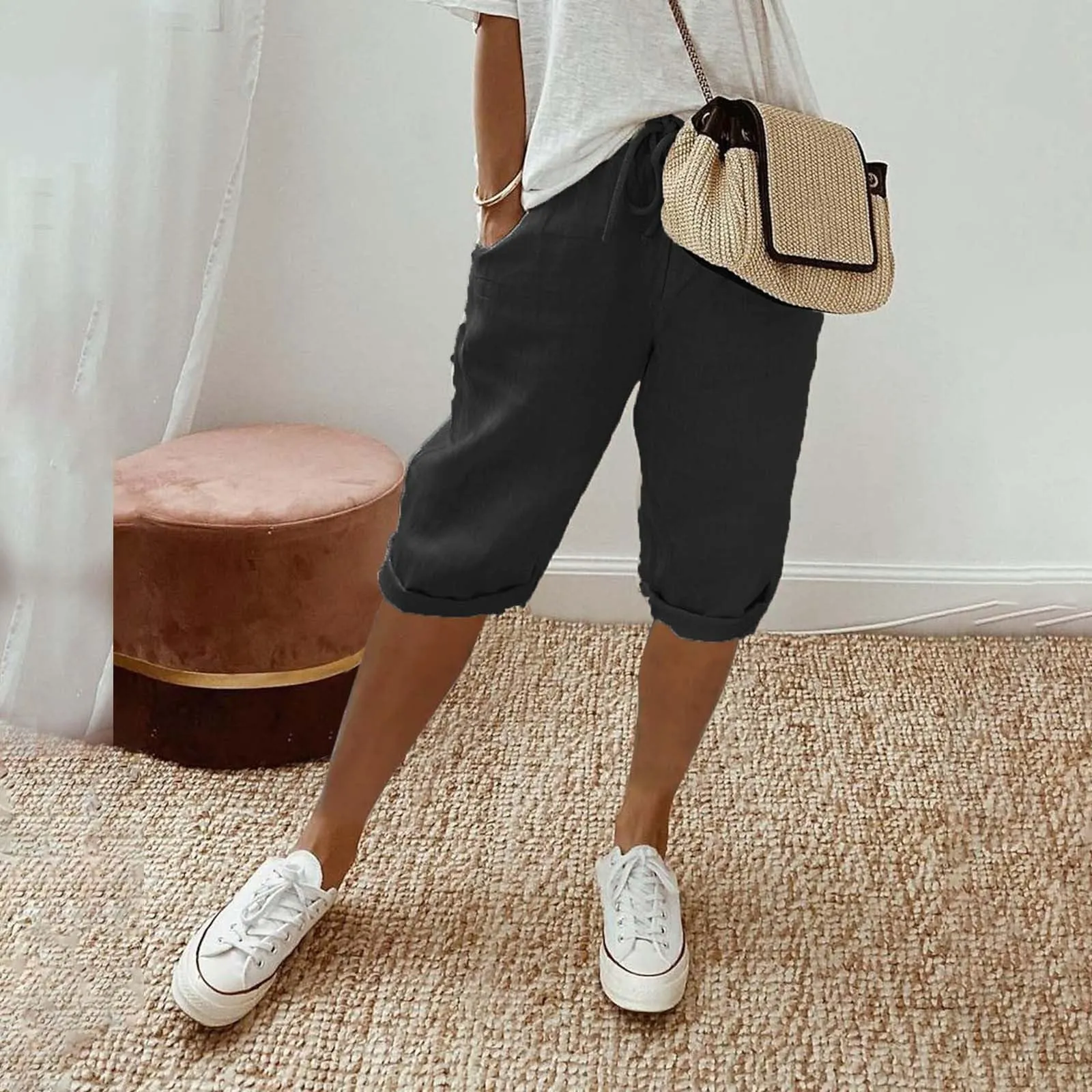 Pantaloni Pinocchietto Lino Donna Bermuda Sportivi Casual Da Donna Pinocchietti Capri Estivi Leggeri Pantaloni 3/4 Di Cotone Baggy Pantalone Al Ginocchio a Gamba Larga Pants Eleganti Traspiranti - immagine 4