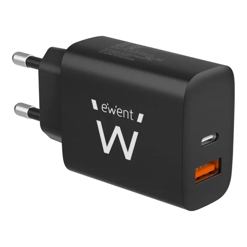 Caricabatterie rapido Ewent EW1319 con 1x USB-C 20W con Power Delivery + 1x USB-A QC3.0 Nero - immagine 1