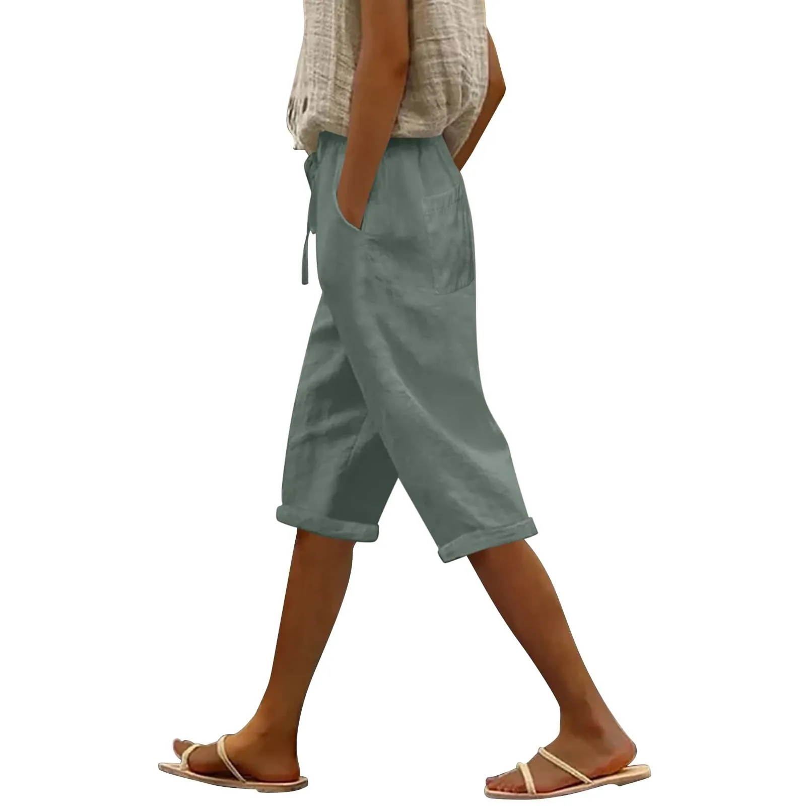 Pantaloni Pinocchietto Lino Donna Bermuda Sportivi Casual Da Donna Pinocchietti Capri Estivi Leggeri Pantaloni 3/4 Di Cotone Baggy Pantalone Al Ginocchio a Gamba Larga Pants Eleganti Traspiranti - immagine 1