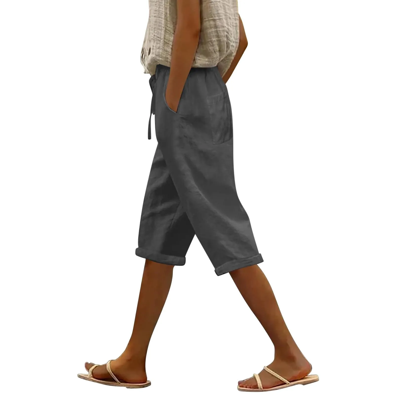 Pantaloni Pinocchietto Lino Donna Bermuda Sportivi Casual Da Donna Pinocchietti Capri Estivi Leggeri Pantaloni 3/4 Di Cotone Baggy Pantalone Al Ginocchio a Gamba Larga Pants Eleganti Traspiranti - immagine 1