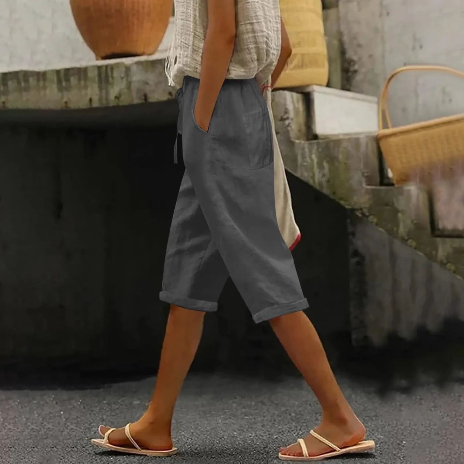 Pantaloni Pinocchietto Lino Donna Bermuda Sportivi Casual Da Donna Pinocchietti Capri Estivi Leggeri Pantaloni 3/4 Di Cotone Baggy Pantalone Al Ginocchio a Gamba Larga Pants Eleganti Traspiranti - immagine 3