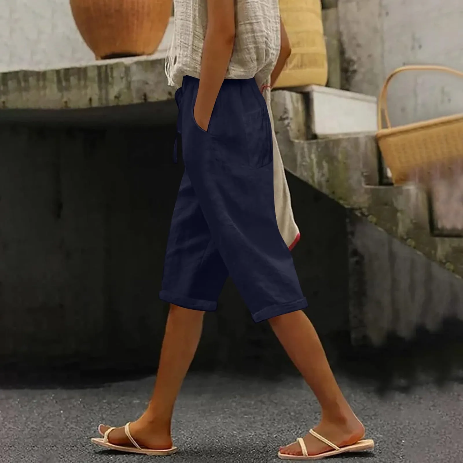 Pantaloni Pinocchietto Lino Donna Bermuda Sportivi Casual Da Donna Pinocchietti Capri Estivi Leggeri Pantaloni 3/4 Di Cotone Baggy Pantalone Al Ginocchio a Gamba Larga Pants Eleganti Traspiranti - immagine 3