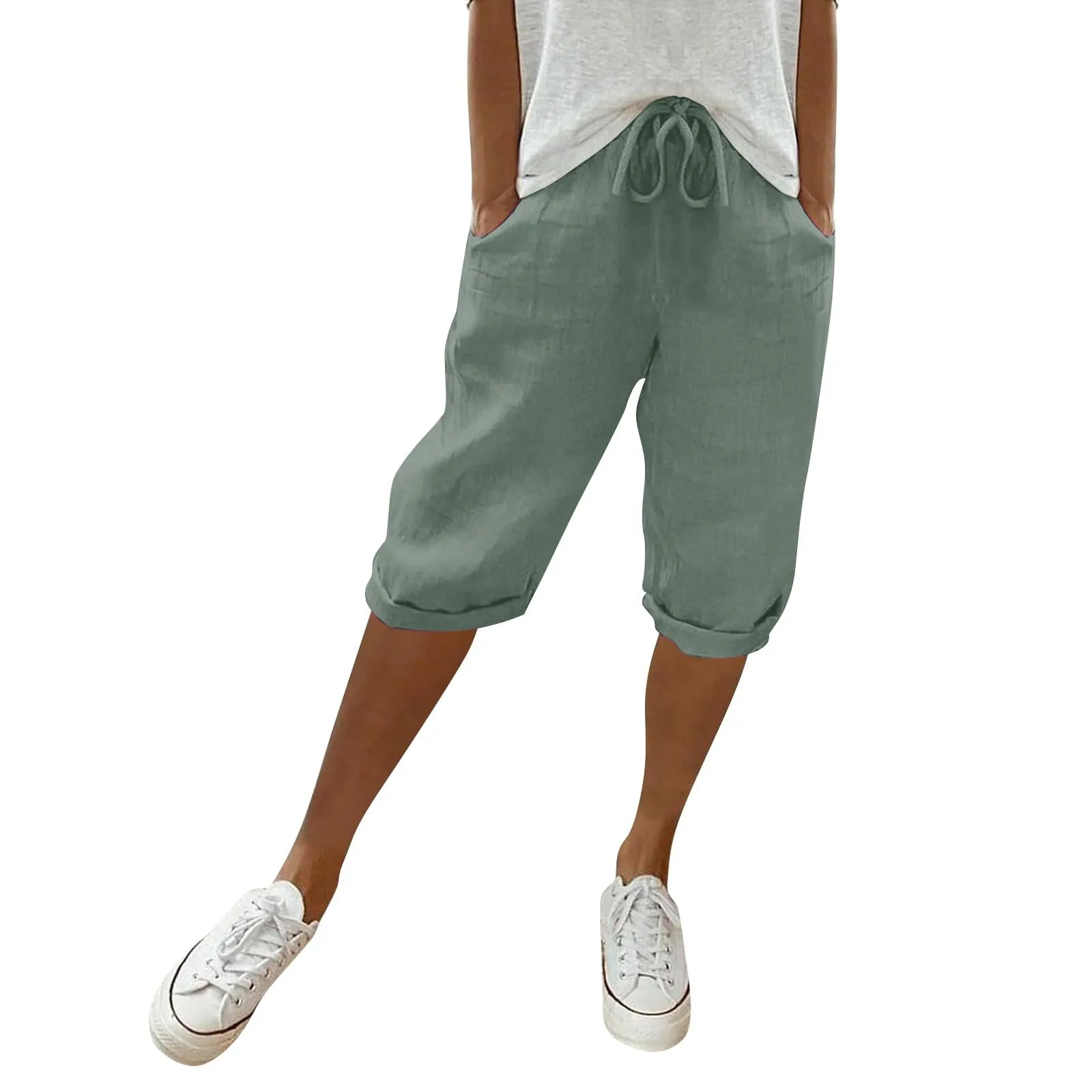Pantaloni Pinocchietto Lino Donna Bermuda Sportivi Casual Da Donna Pinocchietti Capri Estivi Leggeri Pantaloni 3/4 Di Cotone Baggy Pantalone Al Ginocchio a Gamba Larga Pants Eleganti Traspiranti - immagine 2