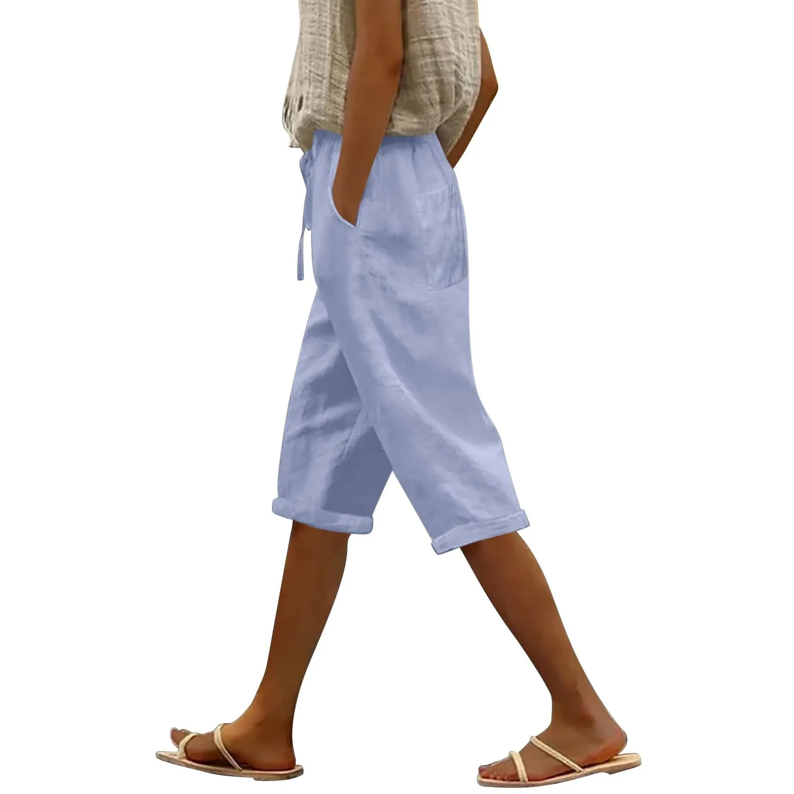 Pantaloni Pinocchietto Lino Donna Bermuda Sportivi Casual Da Donna Pinocchietti Capri Estivi Leggeri Pantaloni 3/4 Di Cotone Baggy Pantalone Al Ginocchio a Gamba Larga Pants Eleganti Traspiranti - immagine 1