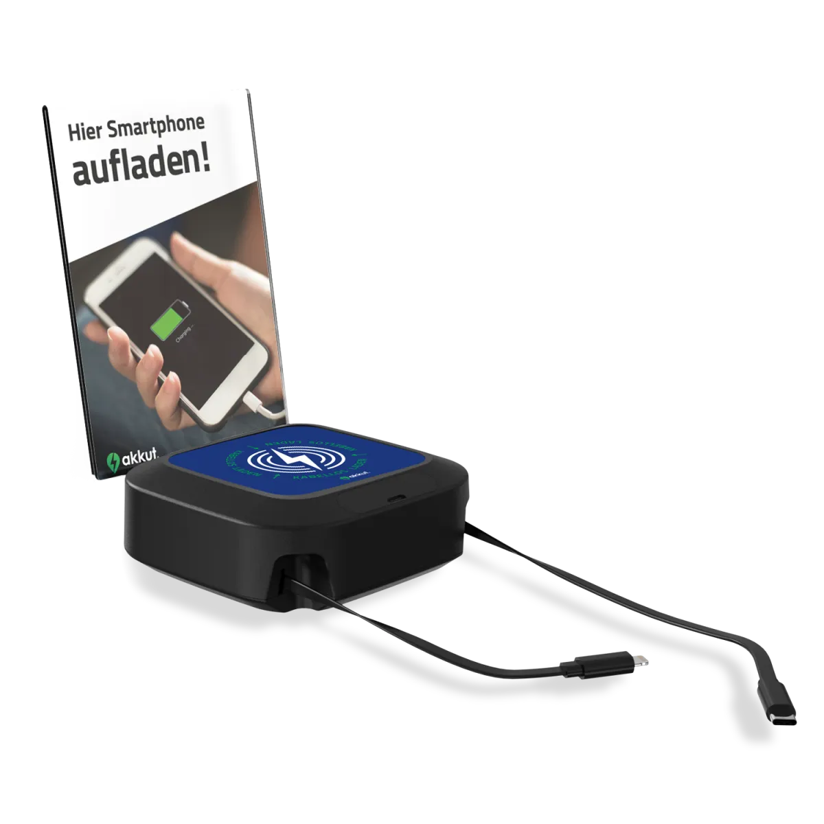 akkut Stazione di ricarica da tavolo DESKTOP Qi con cavi di ricarica per smartphone e ricarica wireless; 17x12x19 cm (LxLxH); nero - immagine 1