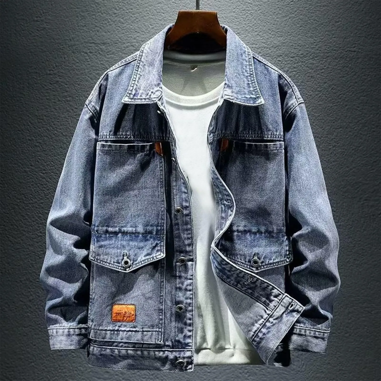 Giacca di Jeans da Uomo, Giacca Primavera Uomo, Giacca da Uomo Denim Streetwear Hip Hop Jean Giacche Maschile Casual Capispalla Sciolta Versione Allentati Giacca in Jeans per Il Tempo Libero - immagine 2