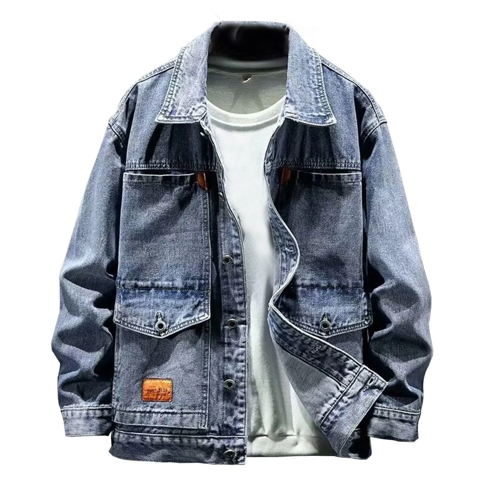 Giubbino Jeans Uomo, Giacca Primavera Uomo, Slim Fit Trucker Vintage Cotone Cowboy Top Cappotto Camicia Jeans con Tasca Stretta vestibilità Regolare Giacca Mezza Stagione Rider Jacket Denim - immagine 1