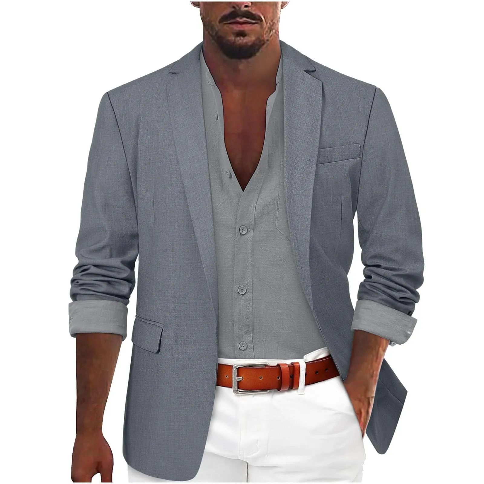 Blazer Casual da Uomo, Casual Giacca Slim Fit Giacche in Cotone Monopetto a Due Bottoni Blazer Elegante Regular Fit Giacca Primaverile da Smoking da Matrimonio Abito Elegante - immagine 3