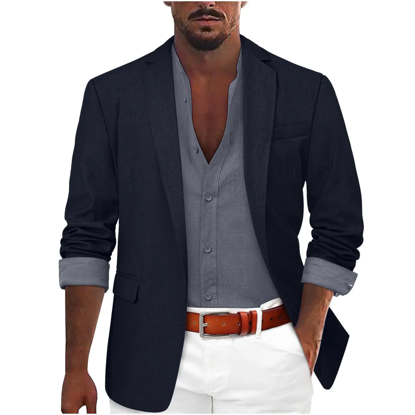 Giacca Primaverile Uomo Blazer, Blazer Casual Elegante in Cotone Bottone Monopetto Formale Business Suit Giacca Primaverile Uomo Jacket da Abito d'Affari Business Cappotti Moda Cappotto - immagine 3