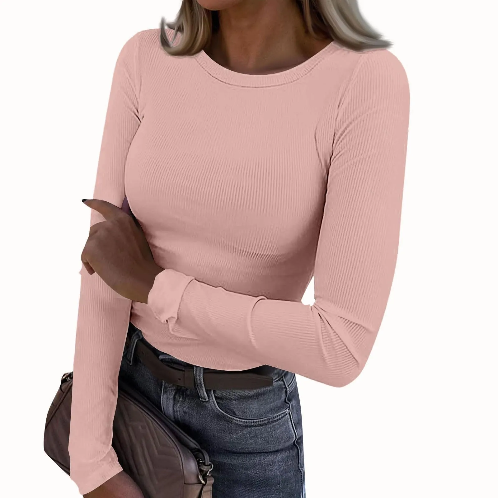 MOKBAY Maglie Maniche Lunghe Donna Tinta Unita Slim Fit Manica Lunga Maglia Attillate Curvy Maglia Maniche Lunghe Cotone Basic Autunnali Elegante Magliette Eleganti Tshirt Top Donna Sexy 3XL - immagine 3