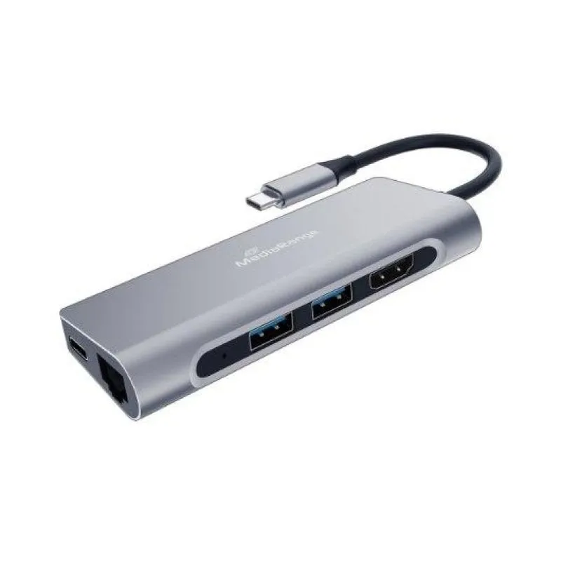 Hub USB-C MediaRange 7 in 1 argento 2xUSB 3.2 HDMI RJ45 SD USB-C 60W Power Delivery - immagine 1