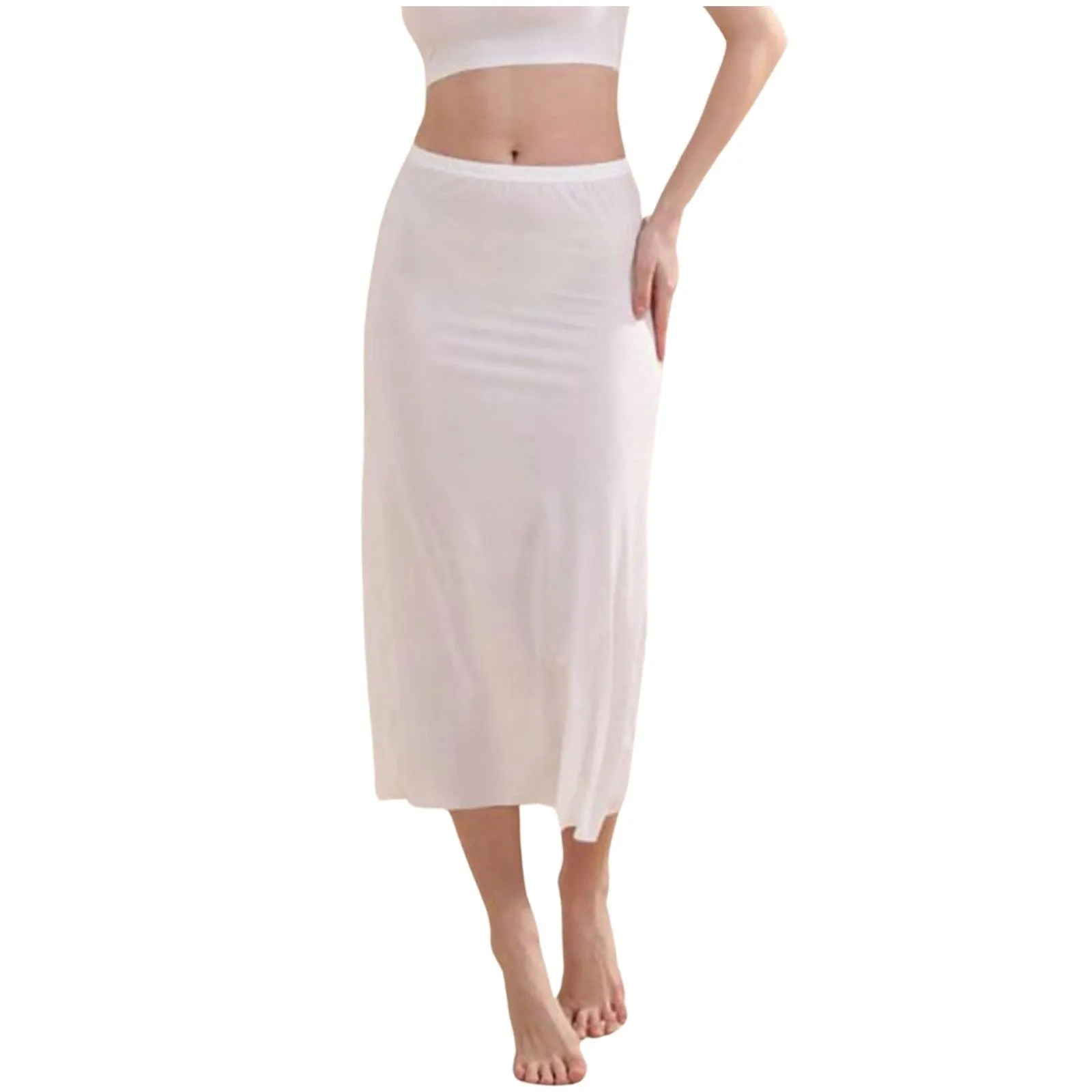 Sottoveste da donna, lunga, mezza gonna al ginocchio, petticoat antistatico, sottogonna liscia, morbida, elegante, classica, gonna a matita lunga, mezza gonna, bianco, L - immagine 1