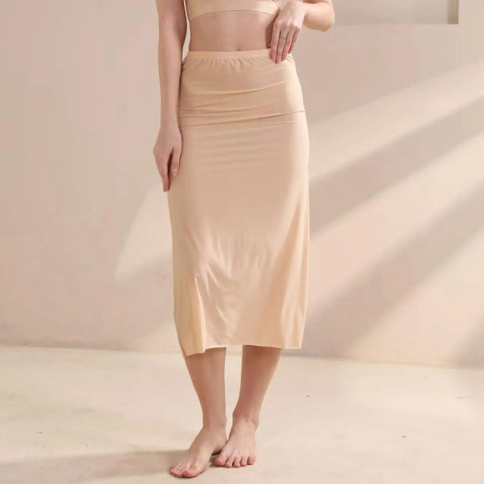 Generisch Sottogonna Lunga Da Donna, Lunghezza Al Ginocchio, Antistatica, Liscia, Morbida, Elegante, Classica, Beige, Taglio Versatile A-Line, M - immagine 5