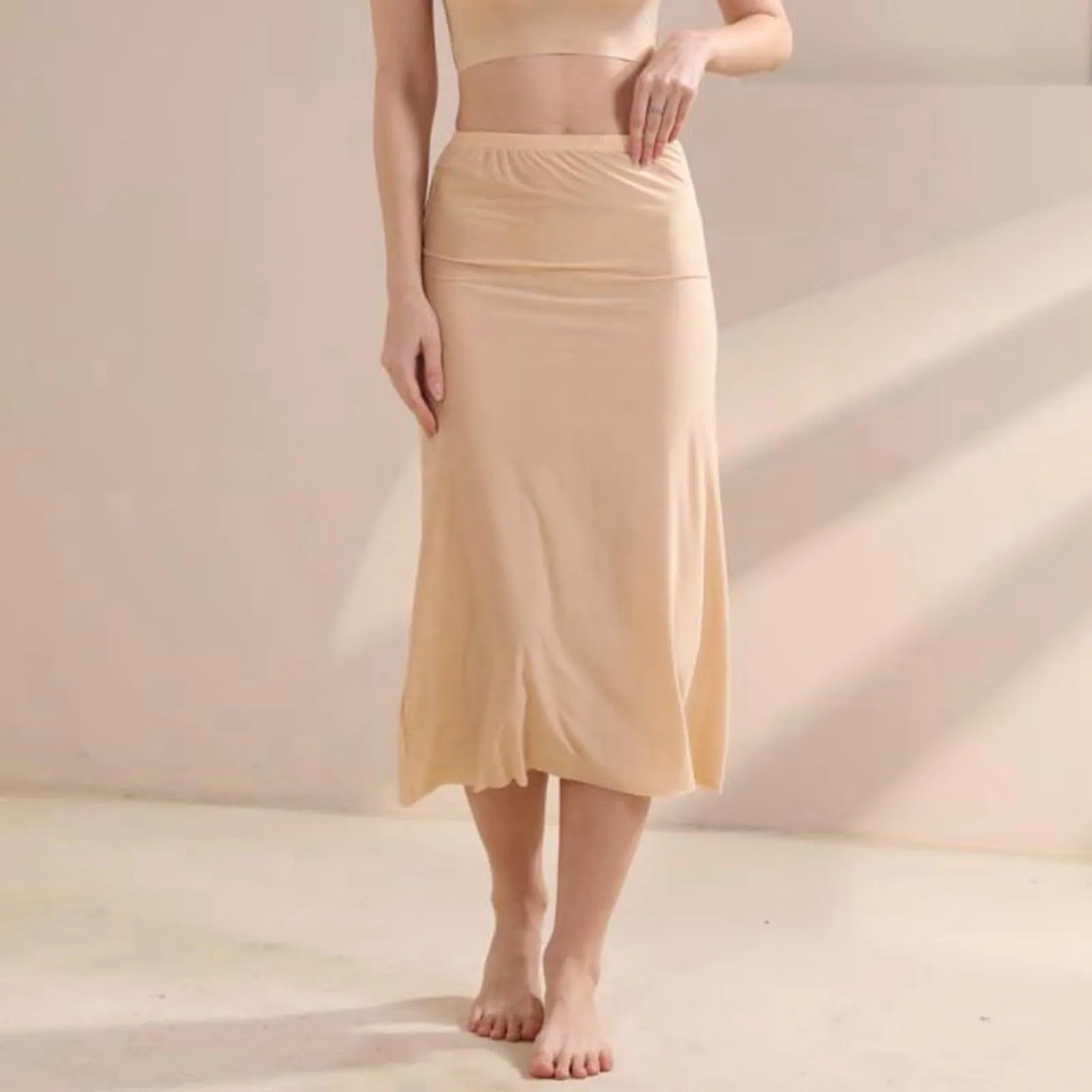 Sottoveste da donna, lunga, mezza gonna al ginocchio, petticoat, antistatica, liscia, sottogonna, morbida, elegante, classica, gonna a matita lunga, mezza gonna, beige., XL - immagine 6