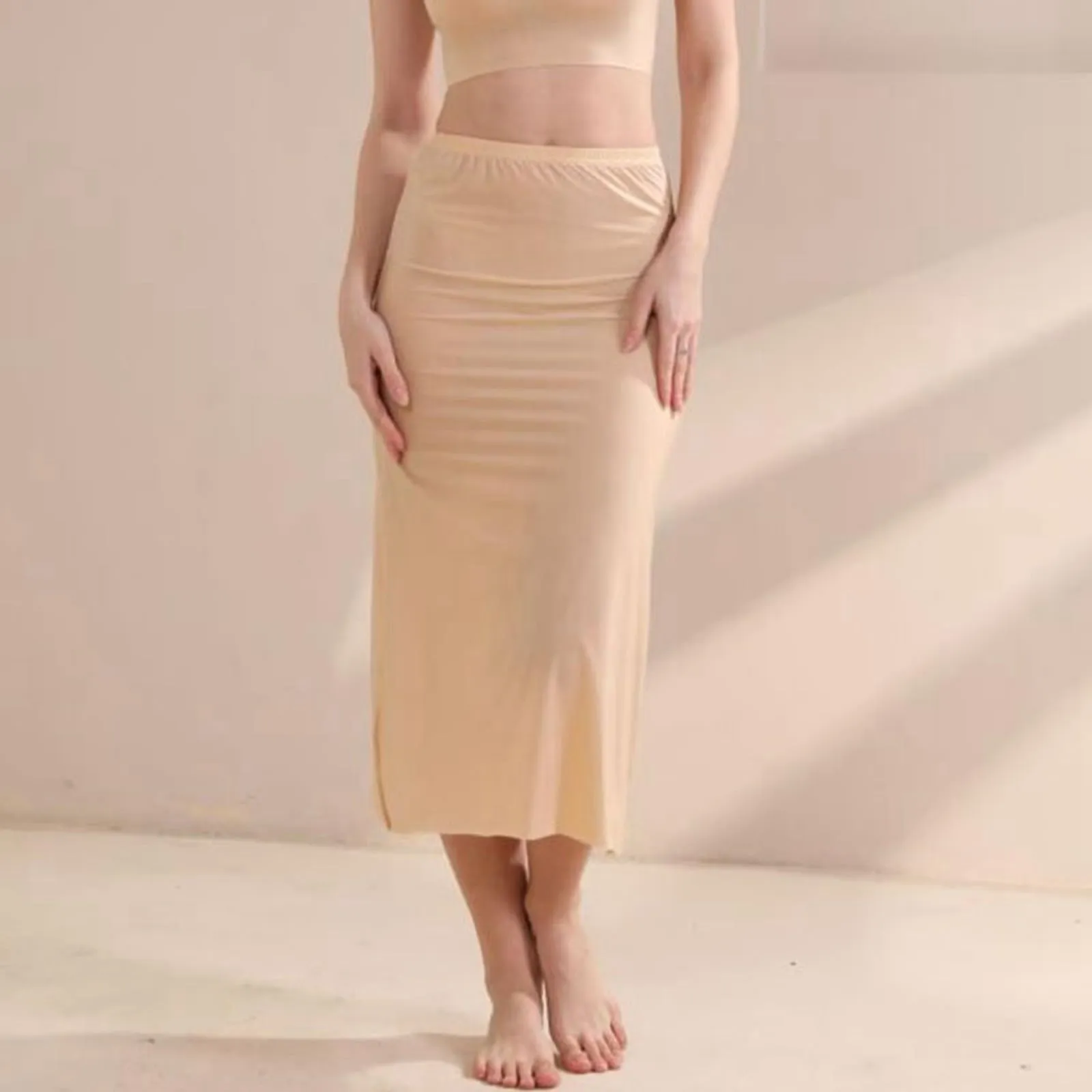 Sottoveste da donna, lunga, mezza gonna al ginocchio, petticoat, antistatica, liscia, sottogonna, morbida, elegante, classica, gonna a matita lunga, mezza gonna, beige., XL - immagine 7