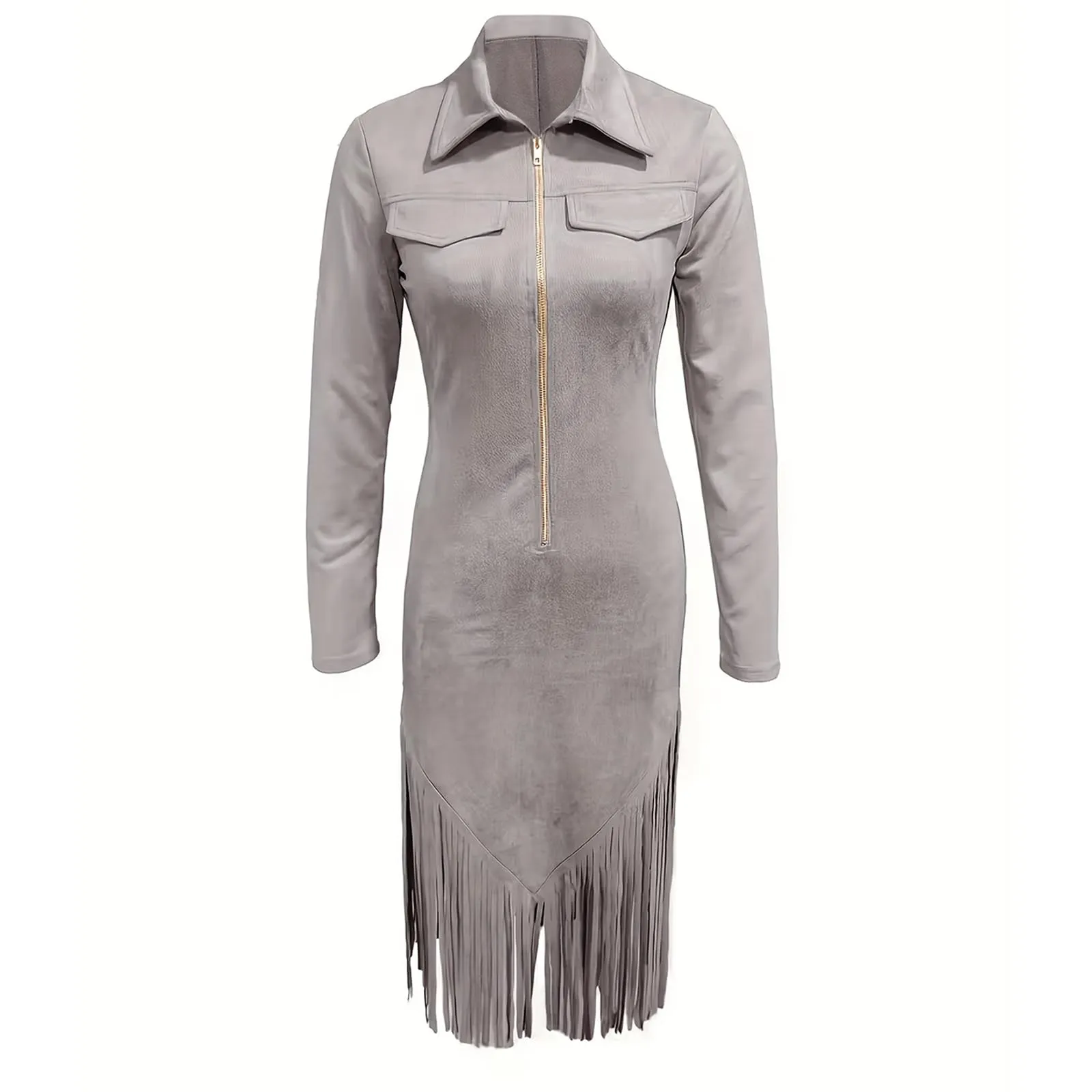 TOFOTL Vestito Estivo Donna Midi Vintage con Frange Maniche Lunghe Vestitino Elegante Abito Cerimonia in Pelle Scamosciata Zip Casual Grigio XL - immagine 6
