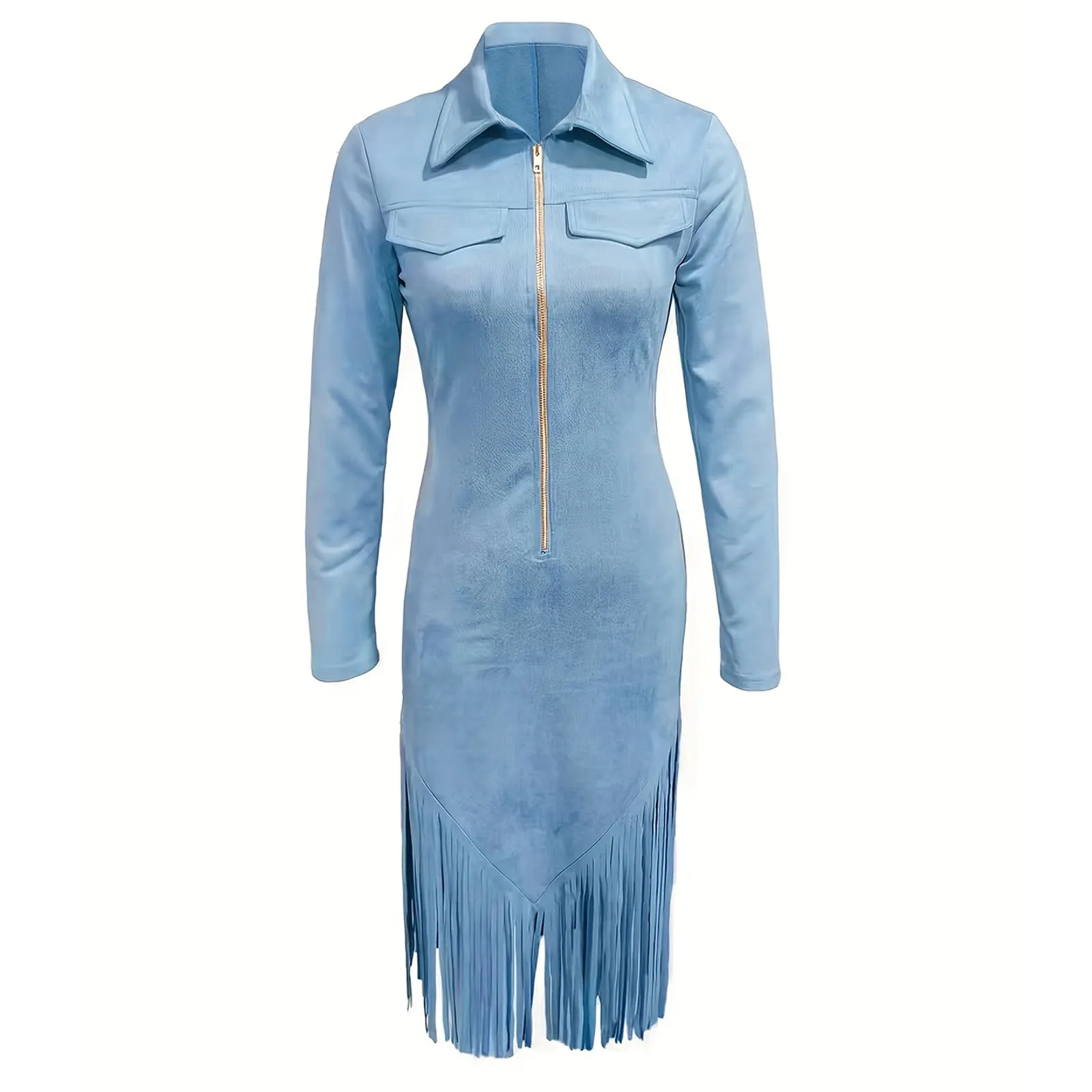 TOFOTL Abito Casual Vestiti Estivi Donna Zip con Frange Cocktail in Pelle Scamosciata Midi Maniche Lunghe Vintage Vestito Sexy Blu XL - immagine 6