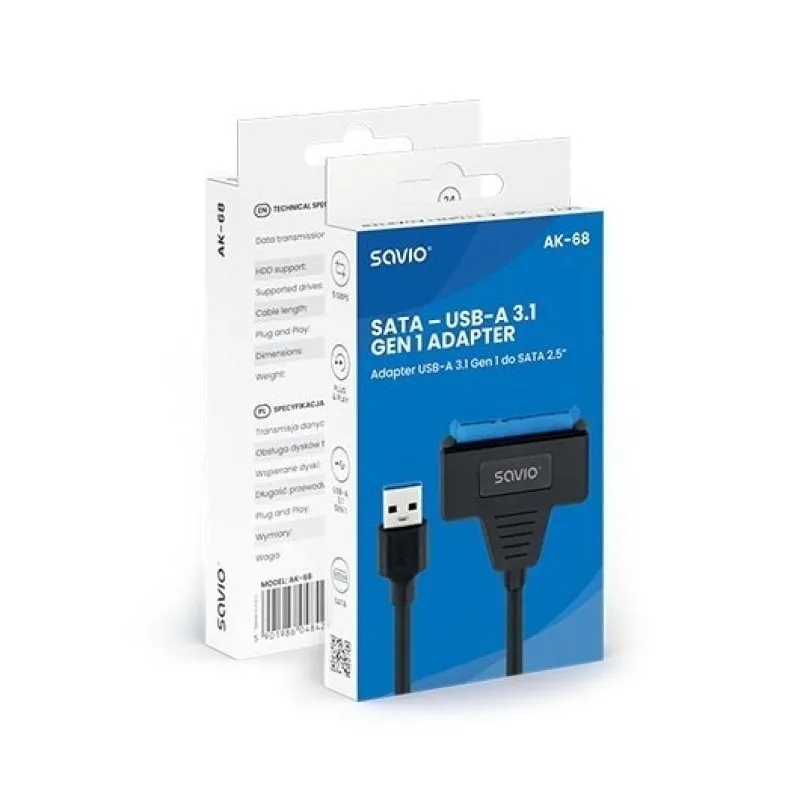 Adattatore USB-A 3.1 Savio K-68 a SATA 2,5" 5 Gbps Plug & Play 25 cm Nero - immagine 1