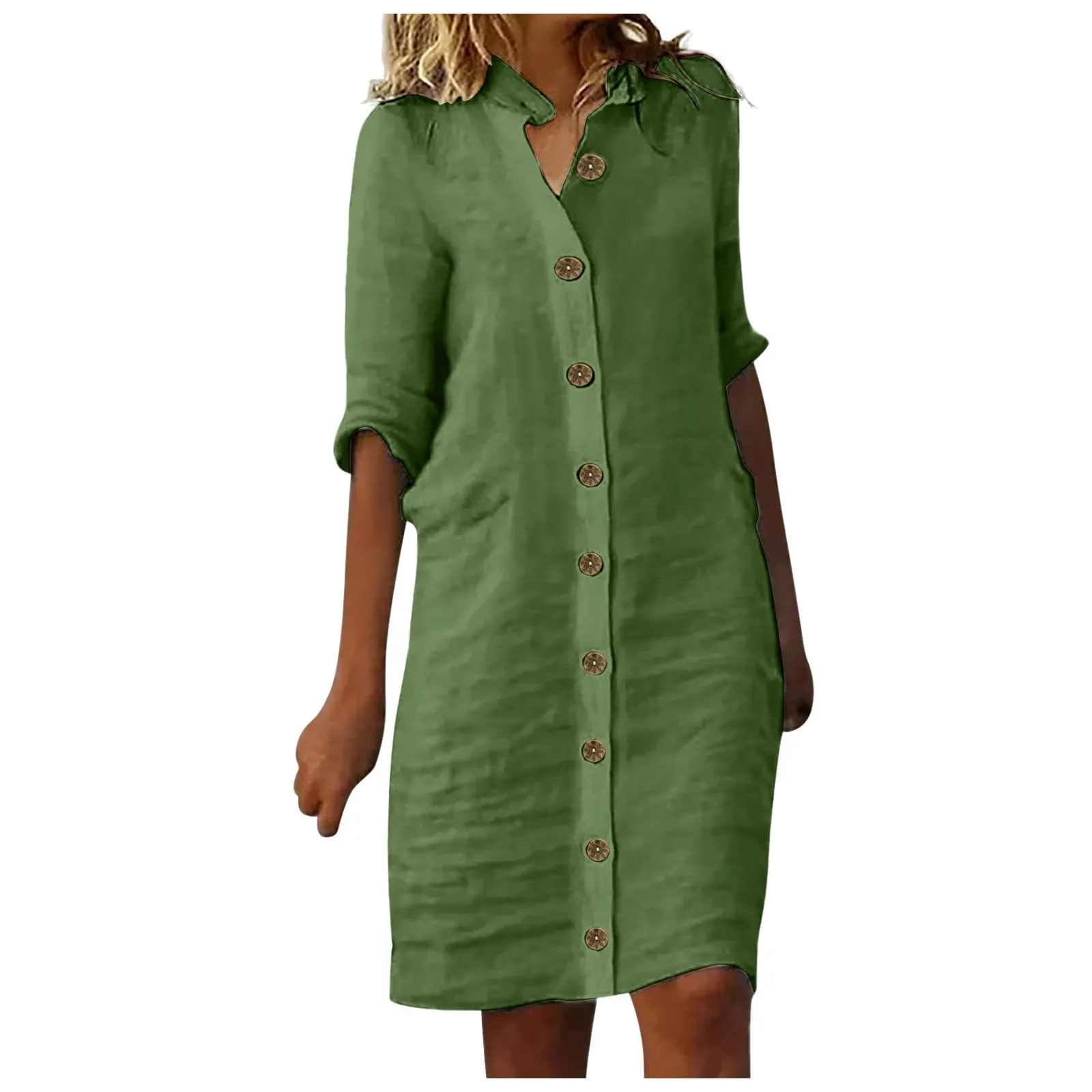 Abiti da donna UK elegante camicia midi abito con colletto risvolto e mezza manica bottone frontale stile casual abiti larghi abito estivo da donna, Verde, XL - immagine 1