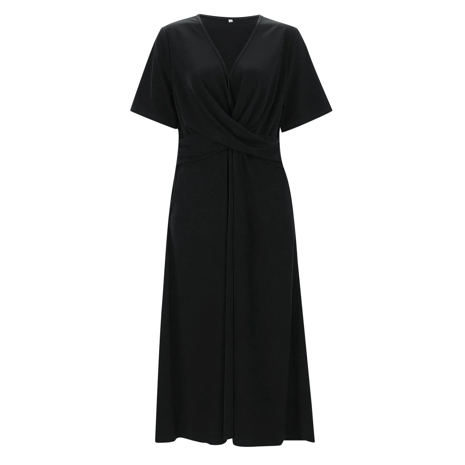 Abiti estivi da donna UK con scollo a V pieghettato abito casual vestibilità ampia manica corta spiaggia gonna lunga fluida abiti larghi abito estivo da donna, Nero , XL - immagine 4