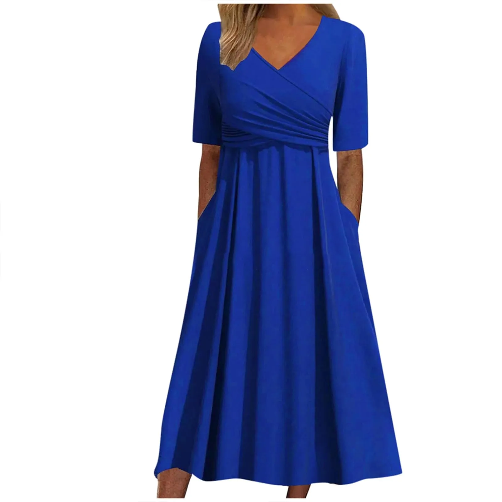 Abiti estivi da donna UK con scollo a V pieghettato abito casual vestibilità ampia manica corta spiaggia gonna lunga fluida abiti larghi abito estivo da donna, Blu, 3XL - immagine 1
