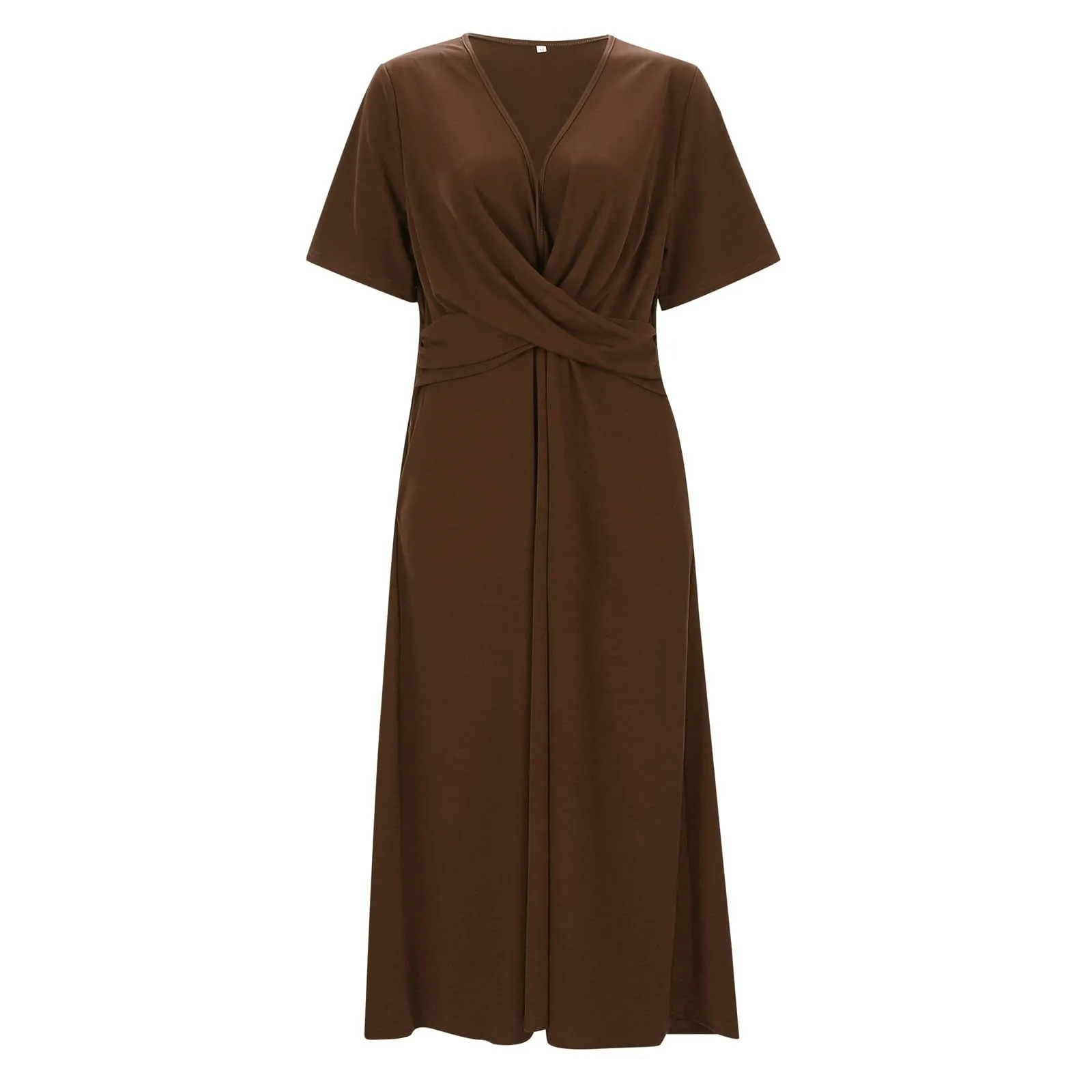 Abiti estivi da donna UK con scollo a V pieghettato abito casual vestibilità ampia manica corta spiaggia gonna lunga fluida abiti larghi abito estivo da donna, Marrone, XL - immagine 3