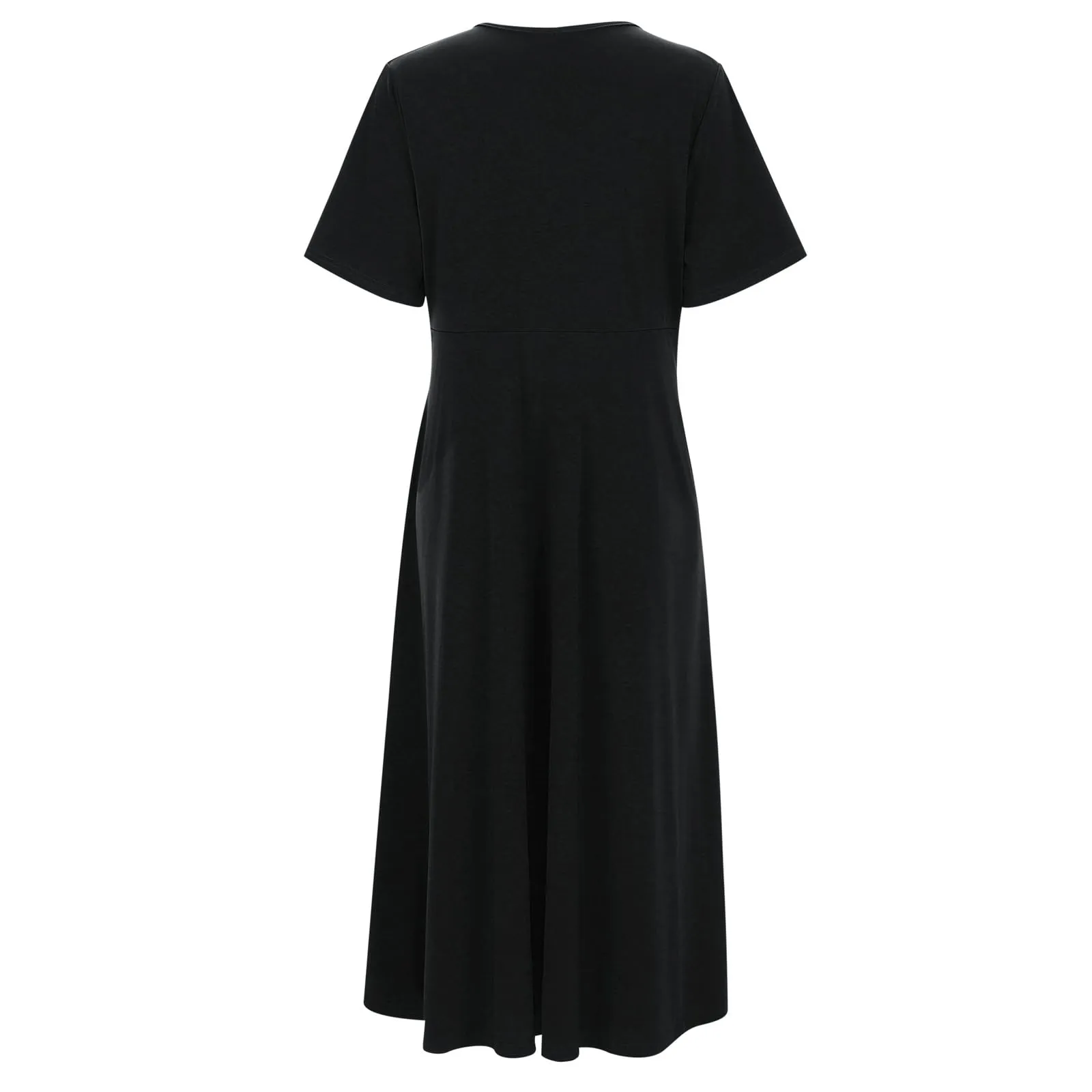 Abiti estivi da donna UK con scollo a V pieghettato abito casual vestibilità ampia manica corta spiaggia gonna lunga fluida abiti larghi abito estivo da donna, Nero , M - immagine 3