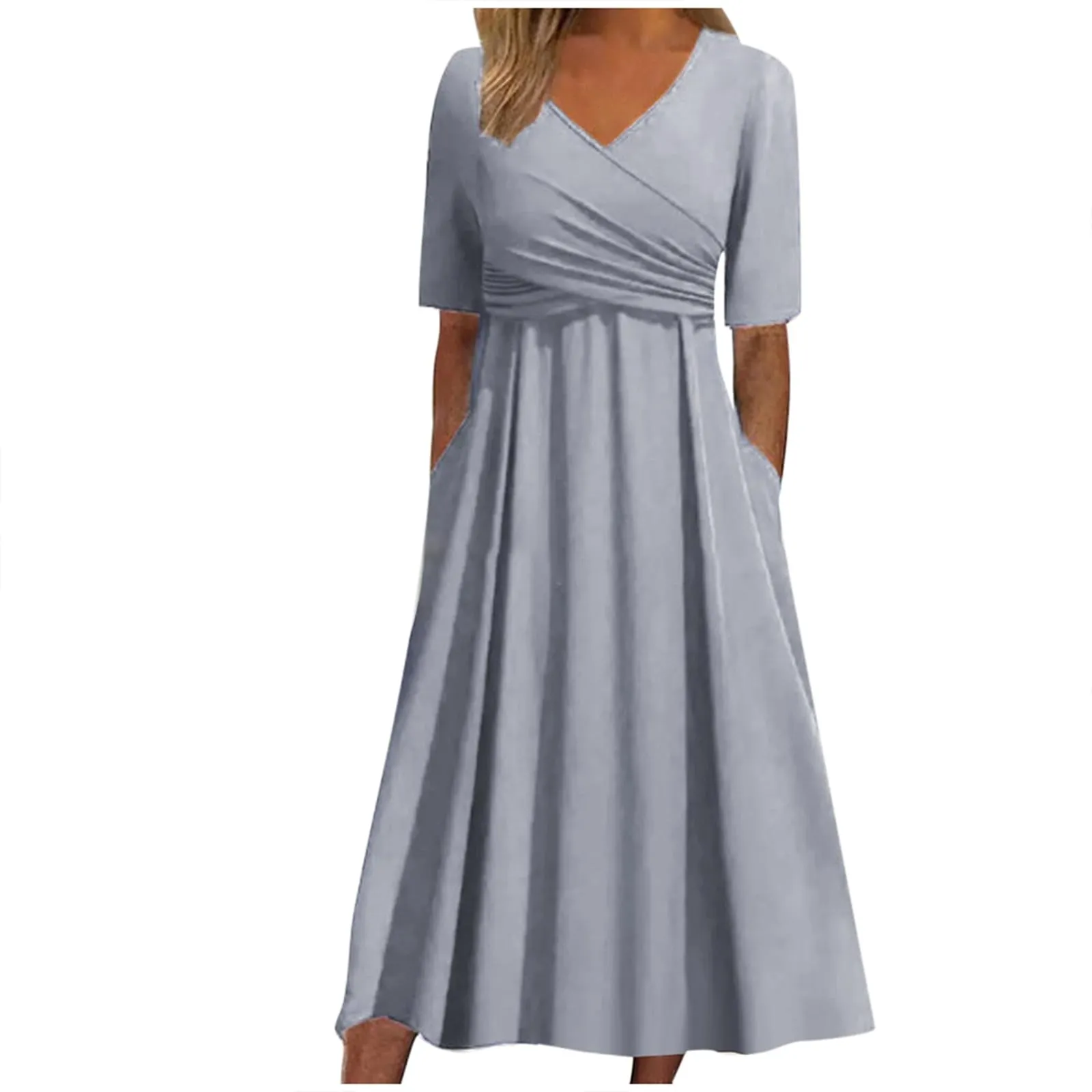Abiti estivi da donna UK con scollo a V pieghettato abito casual vestibilità ampia manica corta spiaggia gonna lunga fluida abiti larghi abito estivo da donna, Grigio, M - immagine 1