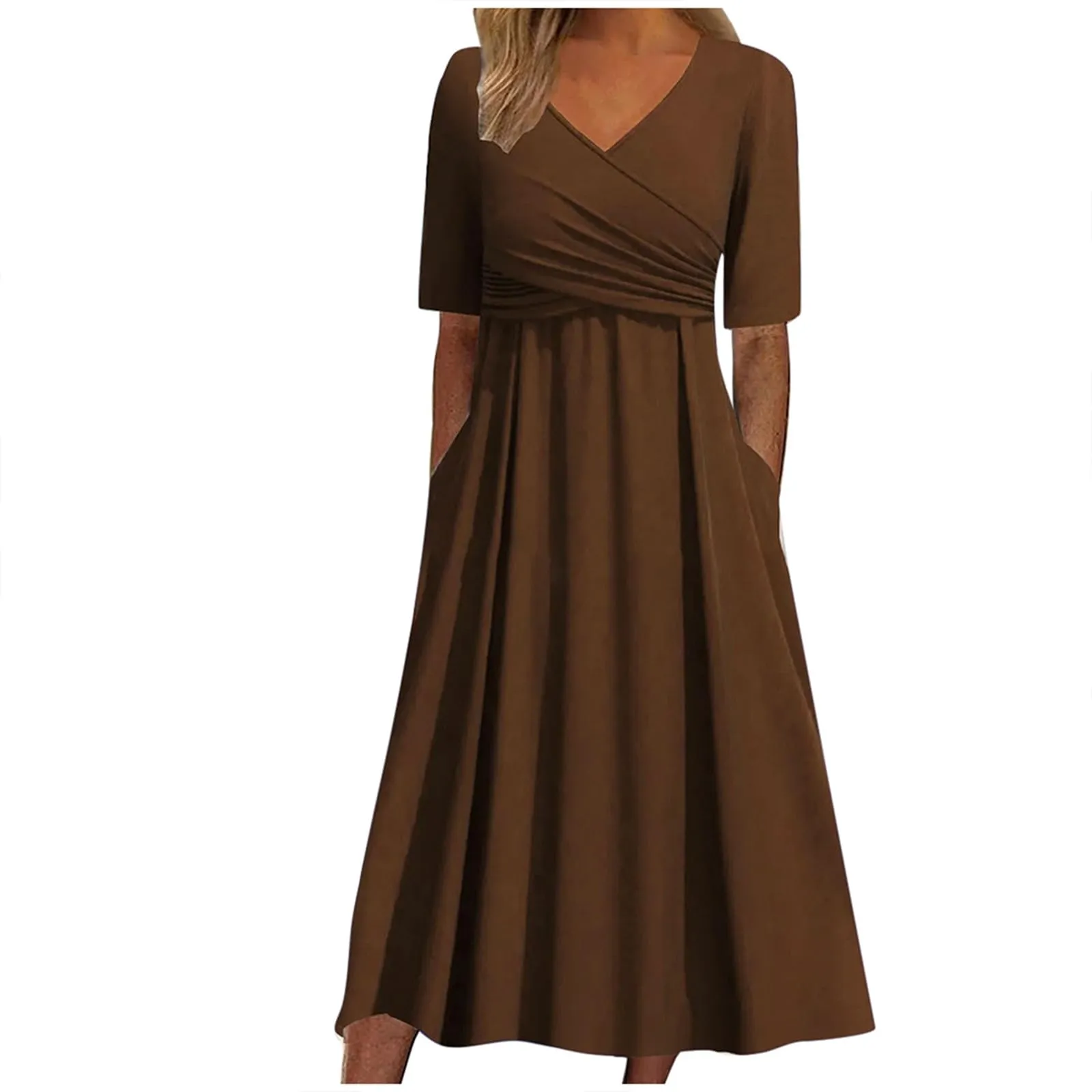 Abiti estivi da donna UK con scollo a V pieghettato abito casual vestibilità ampia manica corta spiaggia gonna lunga fluida abiti larghi abito estivo da donna, Marrone, S - immagine 1