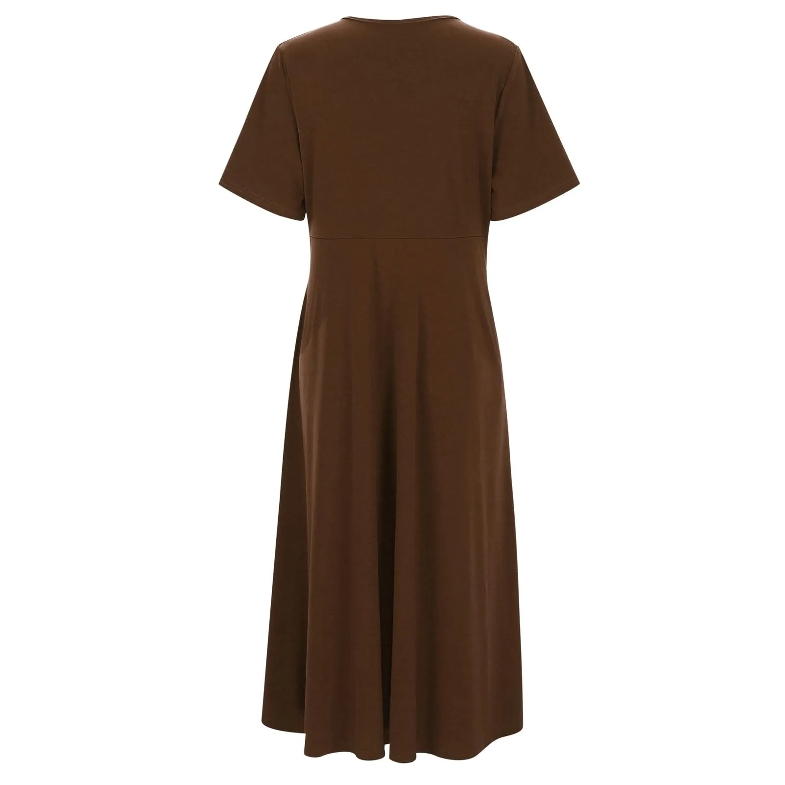 Abiti estivi da donna UK con scollo a V pieghettato abito casual vestibilità ampia manica corta spiaggia gonna lunga fluida abiti larghi abito estivo da donna, Marrone, S - immagine 4