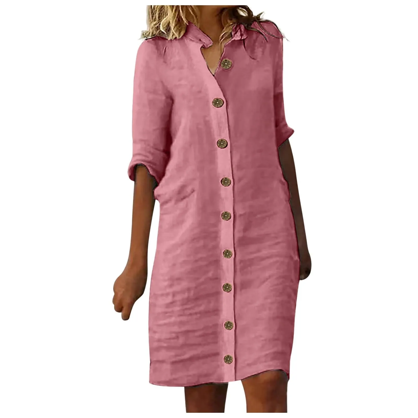 Abiti da donna UK elegante camicia midi abito con colletto risvolto e mezza manica bottone frontale stile casual abiti larghi abito estivo da donna, rosa, M - immagine 1
