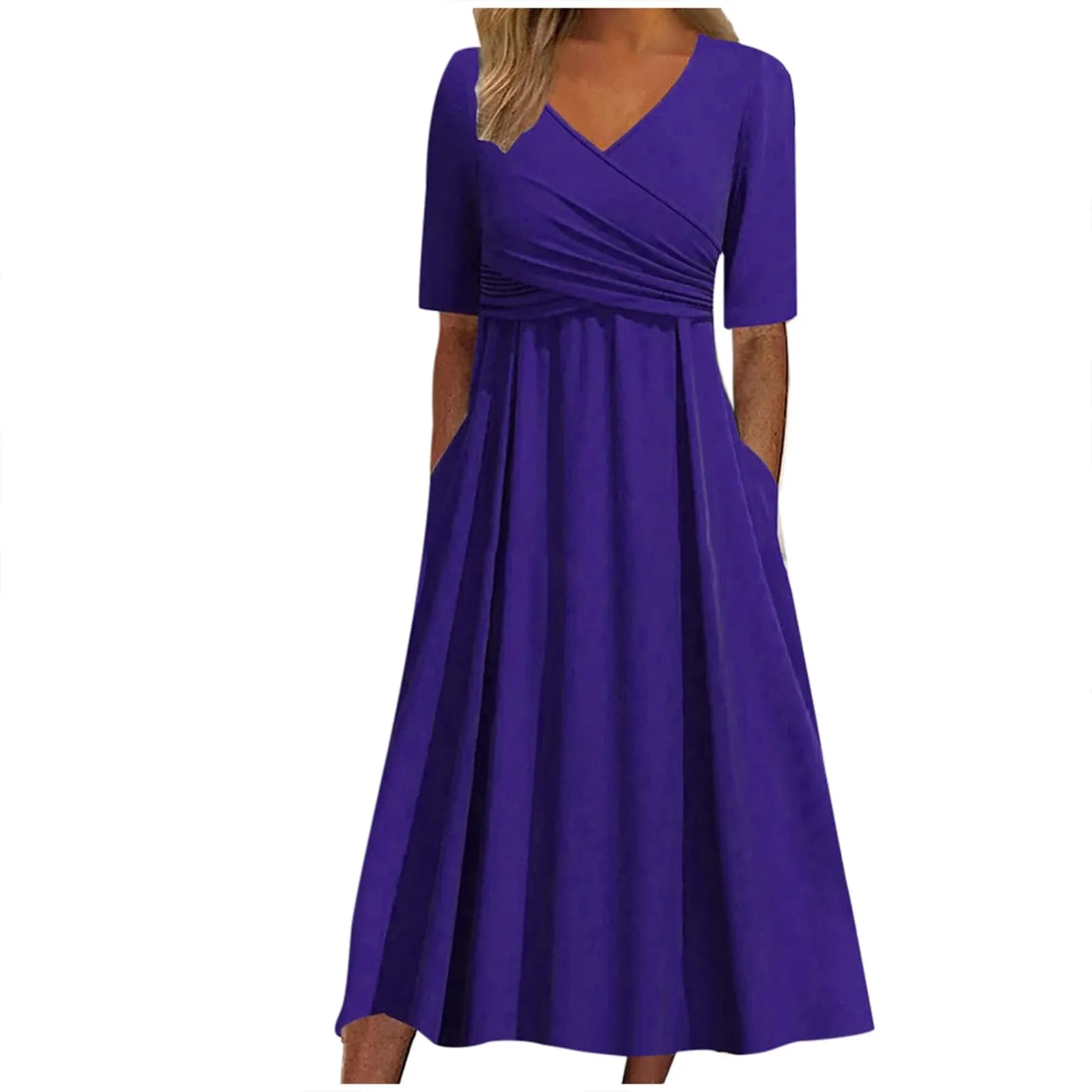 Abiti estivi da donna UK con scollo a V pieghettato abito casual vestibilità ampia manica corta spiaggia gonna lunga fluida abiti larghi abito estivo da donna, Viola, 3XL - immagine 1