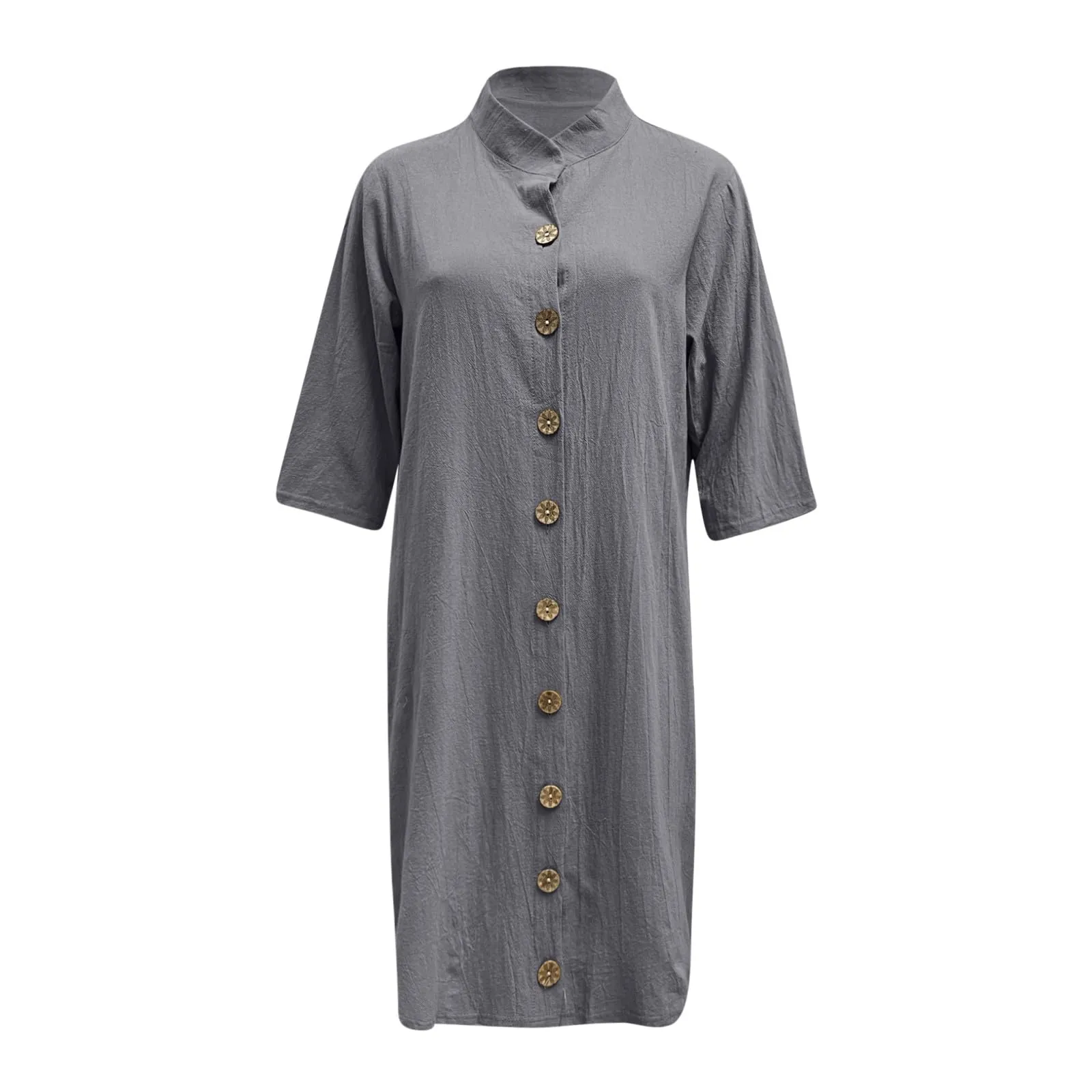Abiti da donna UK elegante camicia midi abito con colletto risvolto e mezza manica bottone frontale stile casual abiti larghi abito estivo da donna, Grigio, XXL - immagine 3