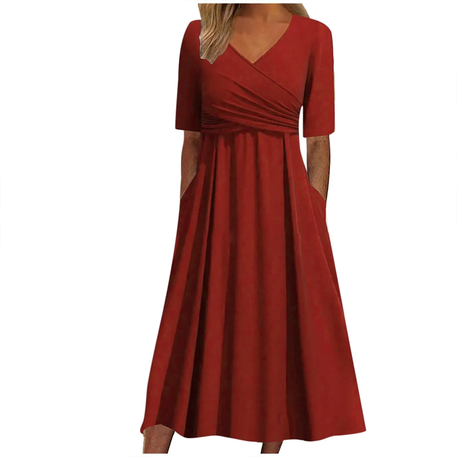 Abiti estivi da donna UK con scollo a V pieghettato abito casual vestibilità ampia manica corta spiaggia gonna lunga fluida abiti larghi abito estivo da donna, Rosso, S - immagine 1