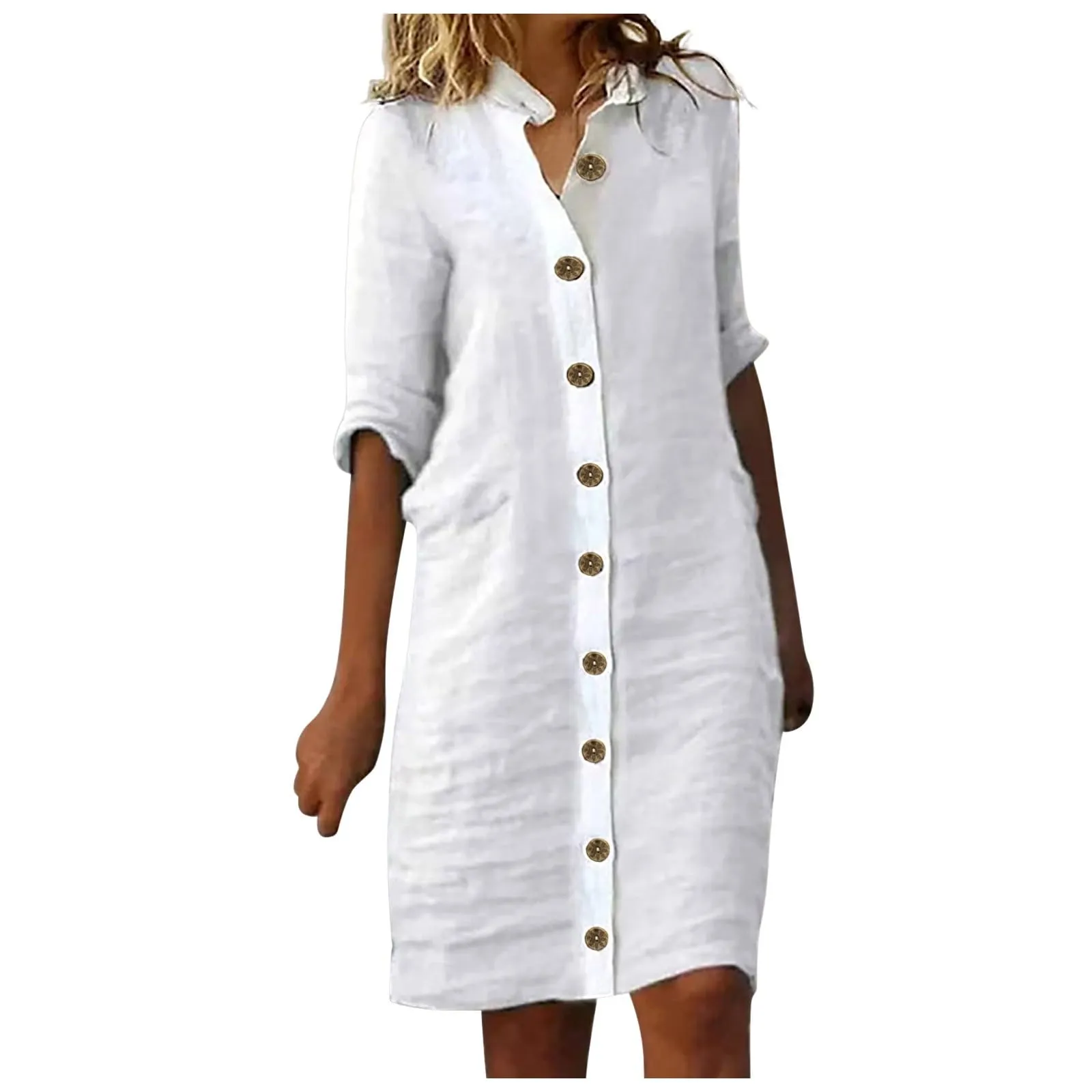 Abiti da donna UK elegante camicia midi abito con colletto risvolto e mezza manica bottone frontale stile casual abiti larghi abito estivo da donna, bianco, S - immagine 1