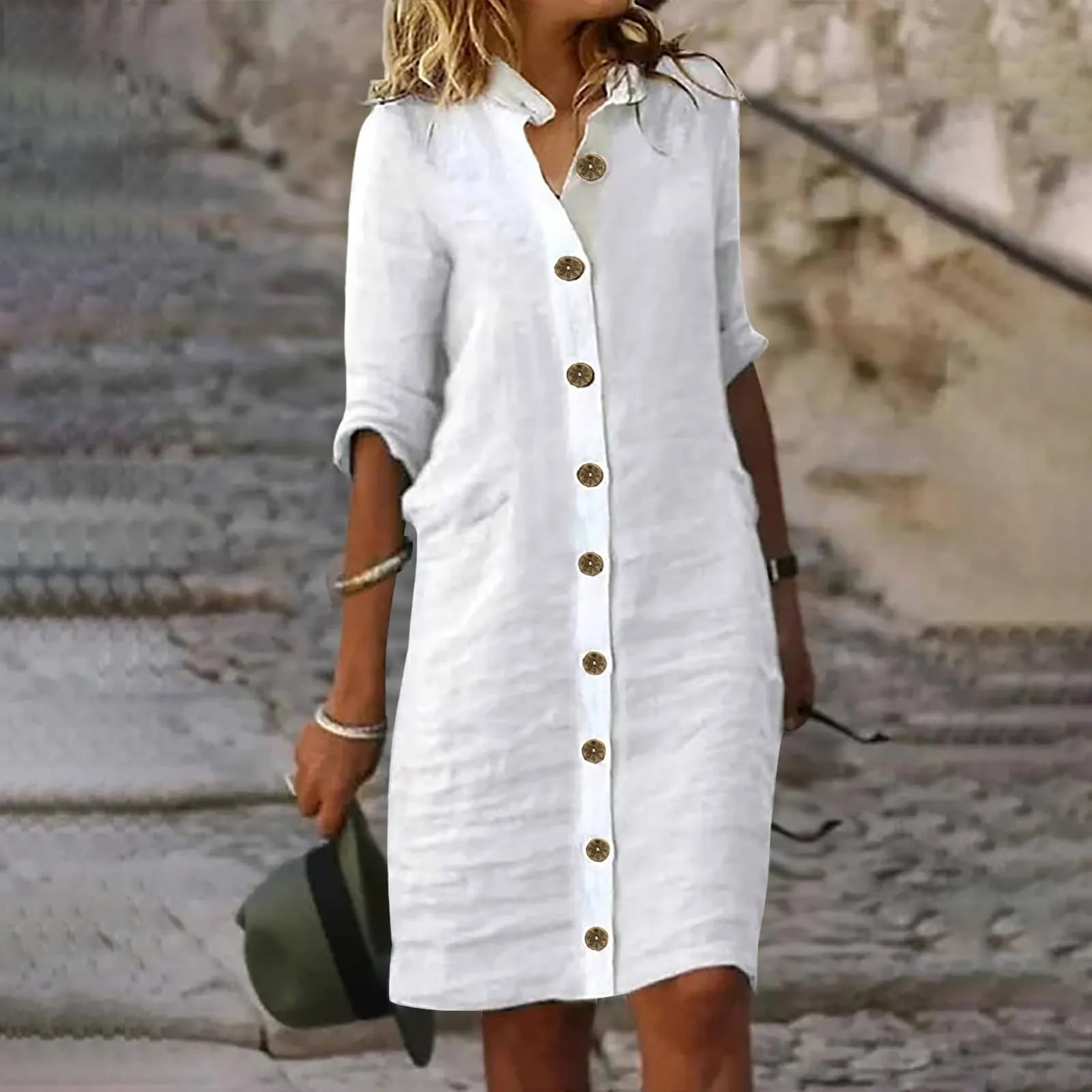 Abiti da donna UK elegante camicia midi abito con colletto risvolto e mezza manica bottone frontale stile casual abiti larghi abito estivo da donna, bianco, S - immagine 2