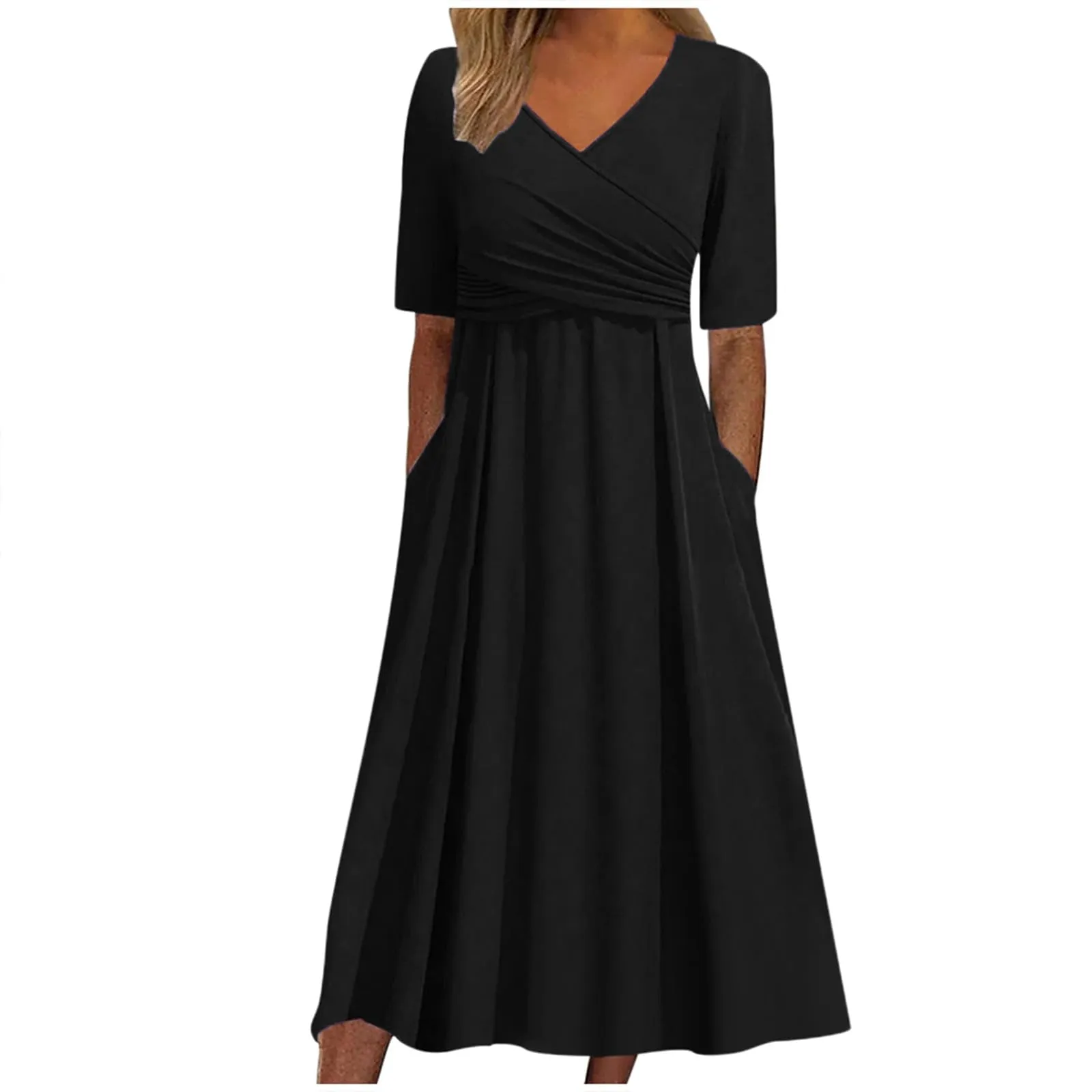 Abiti estivi da donna UK con scollo a V pieghettato abito casual vestibilità ampia manica corta spiaggia gonna lunga fluida abiti larghi abito estivo da donna, Nero , S - immagine 1