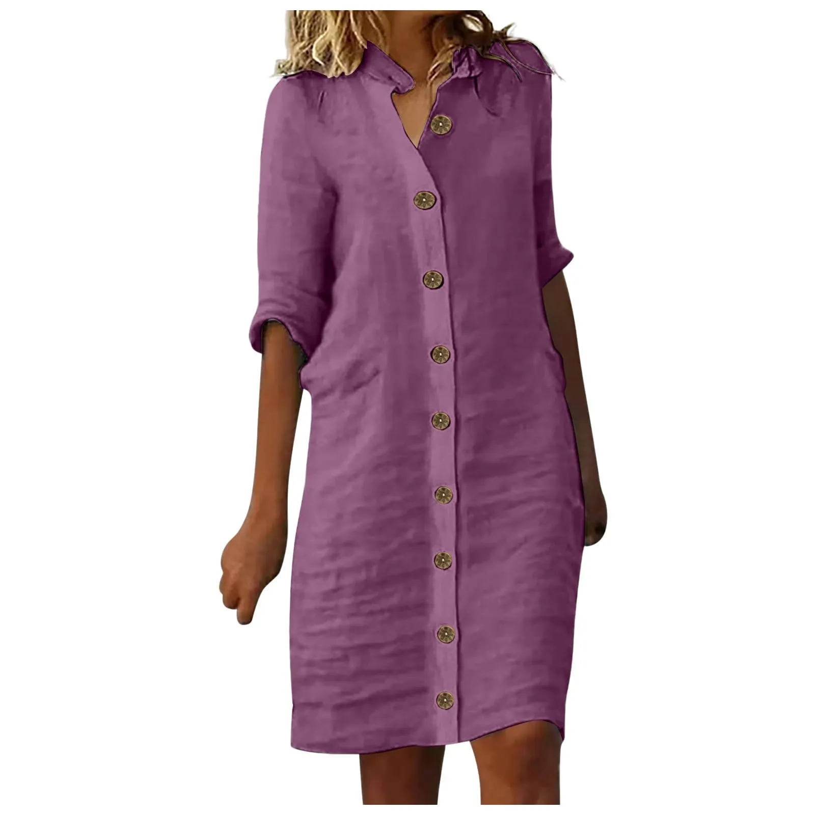 Abiti da donna UK elegante camicia midi abito con colletto risvolto e mezza manica bottone frontale stile casual abiti larghi abito estivo da donna, Viola, XL - immagine 1