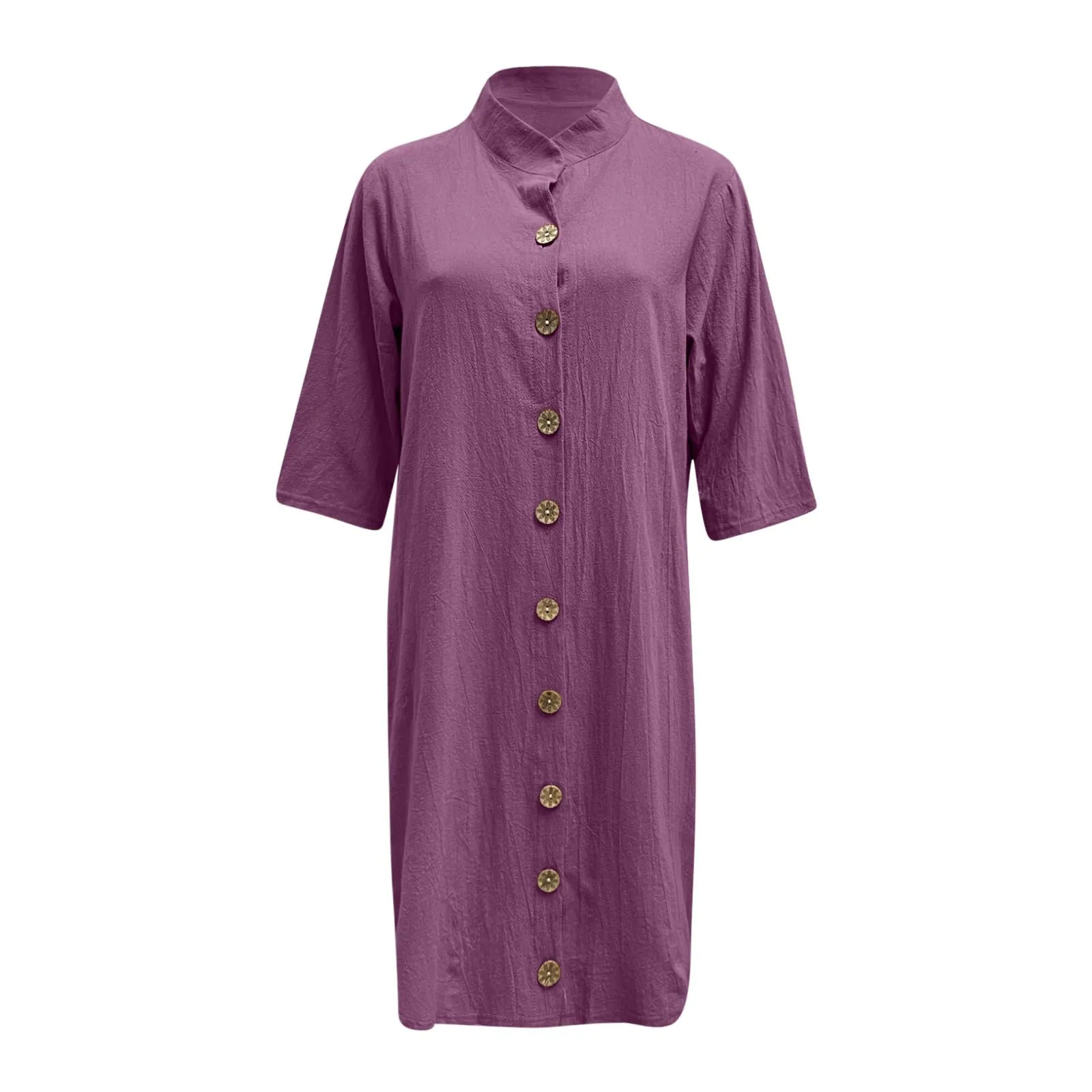 Abiti da donna UK elegante camicia midi abito con colletto risvolto e mezza manica bottone frontale stile casual abiti larghi abito estivo da donna, Viola, XL - immagine 3