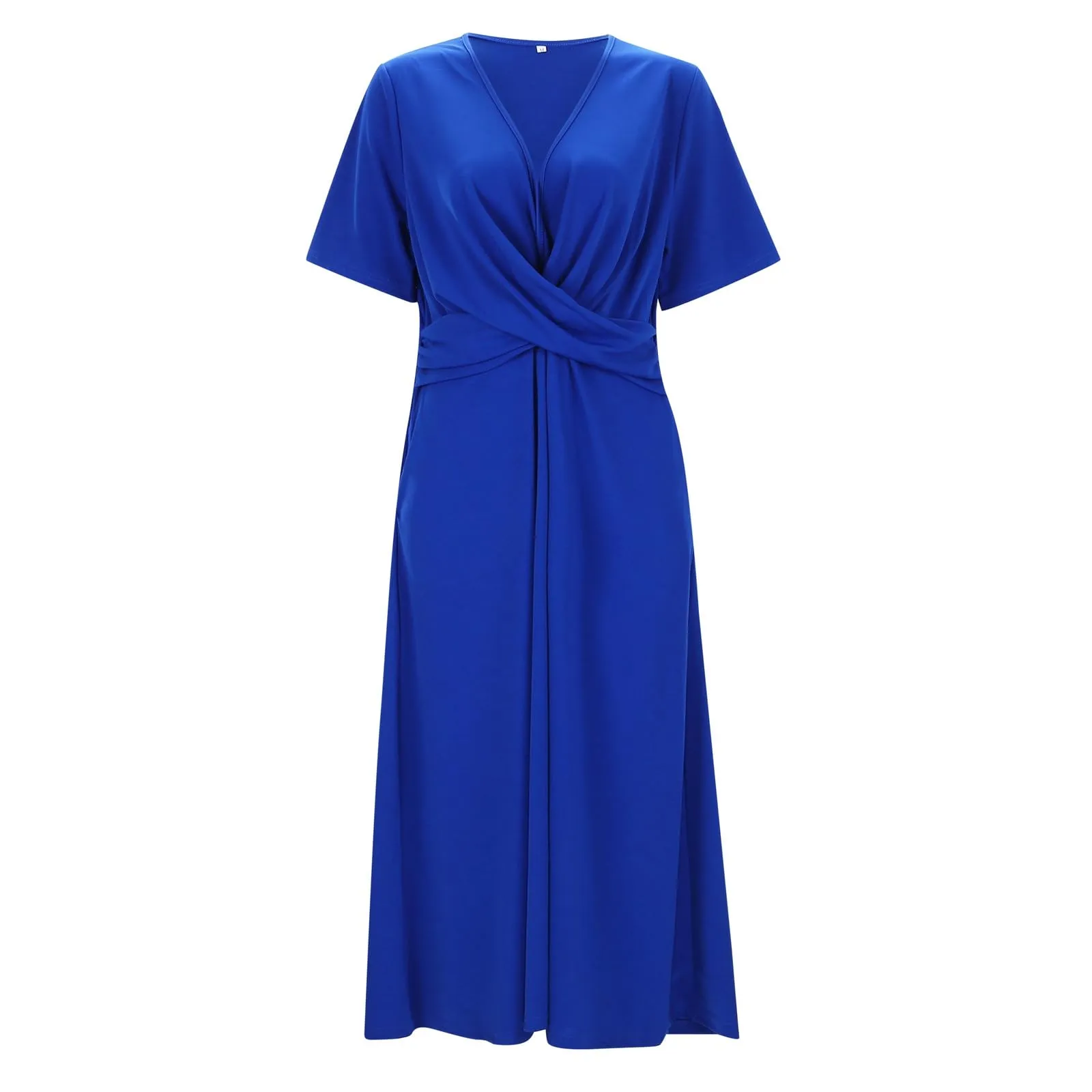 Abiti estivi da donna UK con scollo a V pieghettato abito casual vestibilità ampia manica corta spiaggia gonna lunga fluida abiti larghi abito estivo da donna, Blu, XL - immagine 3