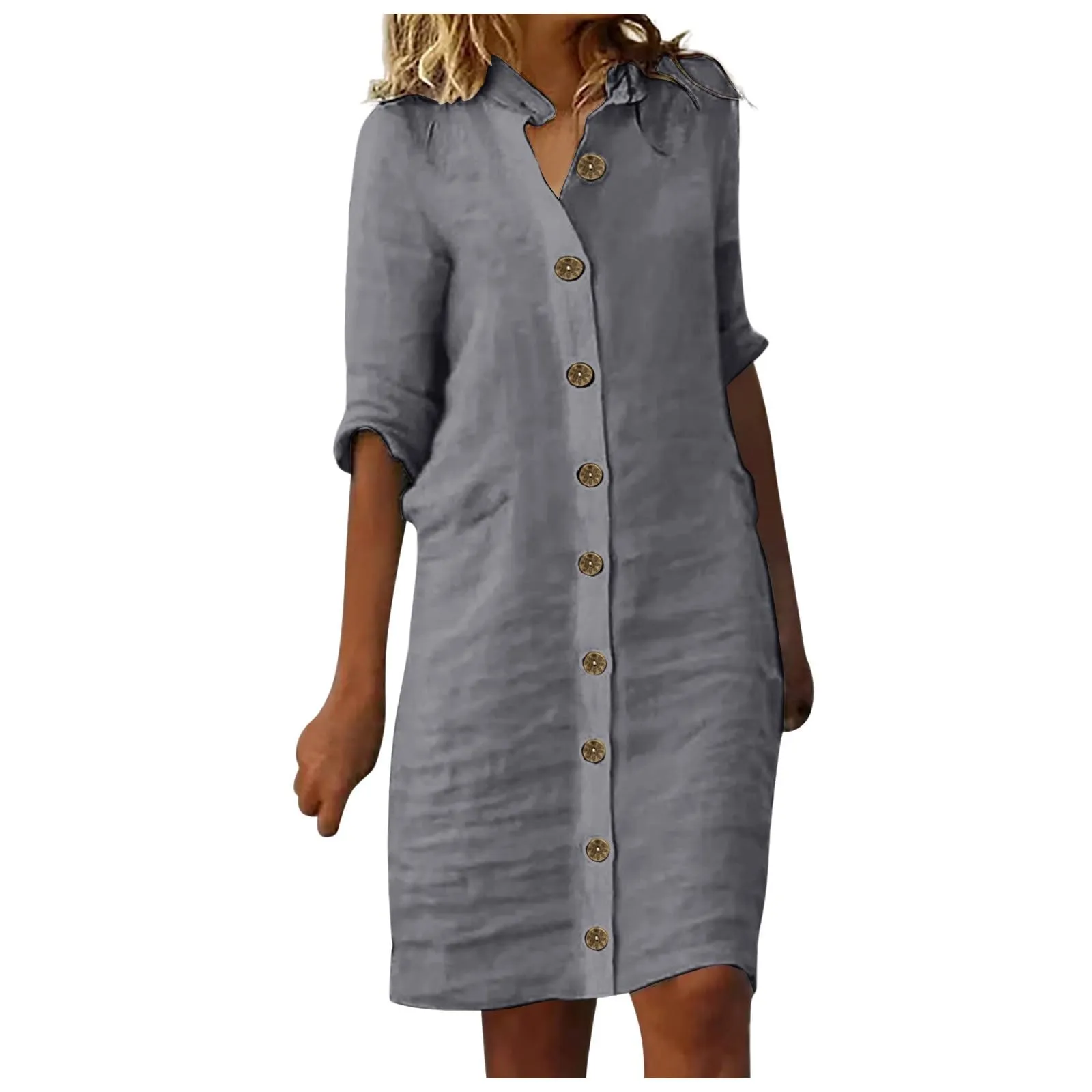 Abiti da donna UK elegante camicia midi abito con colletto risvolto e mezza manica bottone frontale stile casual abiti larghi abito estivo da donna, Grigio, L - immagine 1