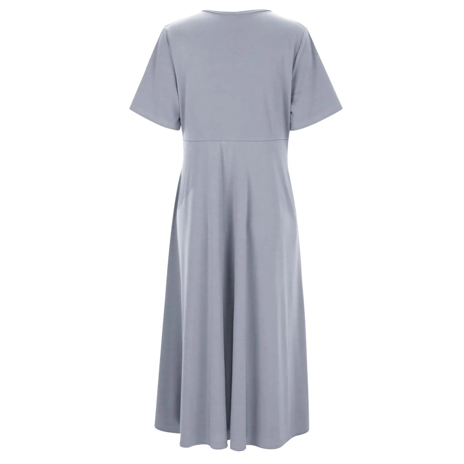Abiti estivi da donna UK con scollo a V pieghettato abito casual vestibilità ampia manica corta spiaggia gonna lunga fluida abiti larghi abito estivo da donna, Grigio, S - immagine 4