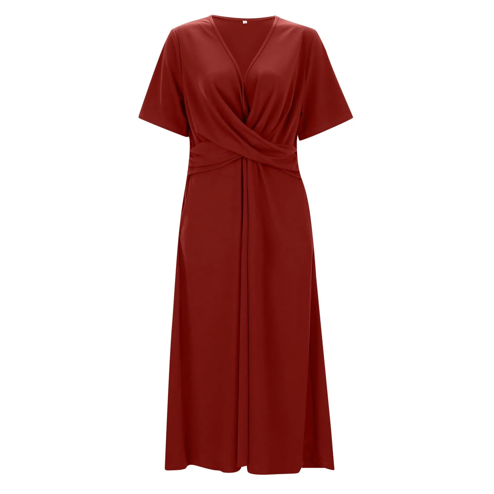Abiti estivi da donna UK con scollo a V pieghettato abito casual vestibilità ampia manica corta spiaggia gonna lunga fluida abiti larghi abito estivo da donna, Rosso, M - immagine 3
