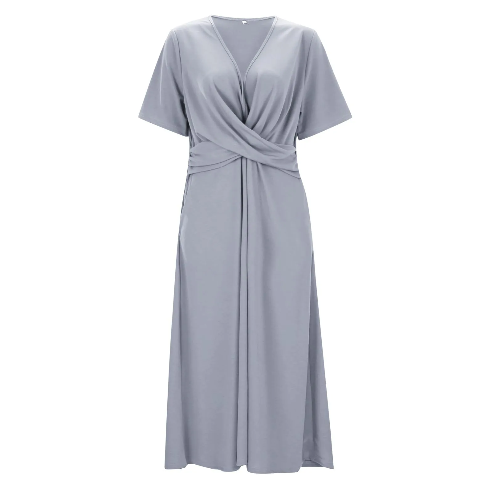 Abiti estivi da donna UK con scollo a V pieghettato abito casual vestibilità ampia manica corta spiaggia gonna lunga fluida abiti larghi abito estivo da donna, Grigio, XXL - immagine 3